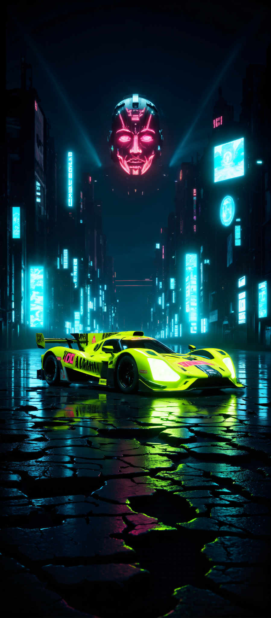 A futuristic race car painted in vibrant shades of yellow and green is parked on a wet street. The car's design is sleek and aerodynamic with a pointed nose and a large rear wing. The street beneath the car is slick with water reflecting the bright lights of the city around it. 

In the background tall buildings tower over the scene their windows glowing with a mix of blue and pink lights. The lights create a mesmerizing pattern on the buildings adding to the futuristic feel of the image. The overall scene is one of a high-tech city at night with the car as the focal point. The image evokes a sense of speed and innovation capturing the essence of a futuristic world.