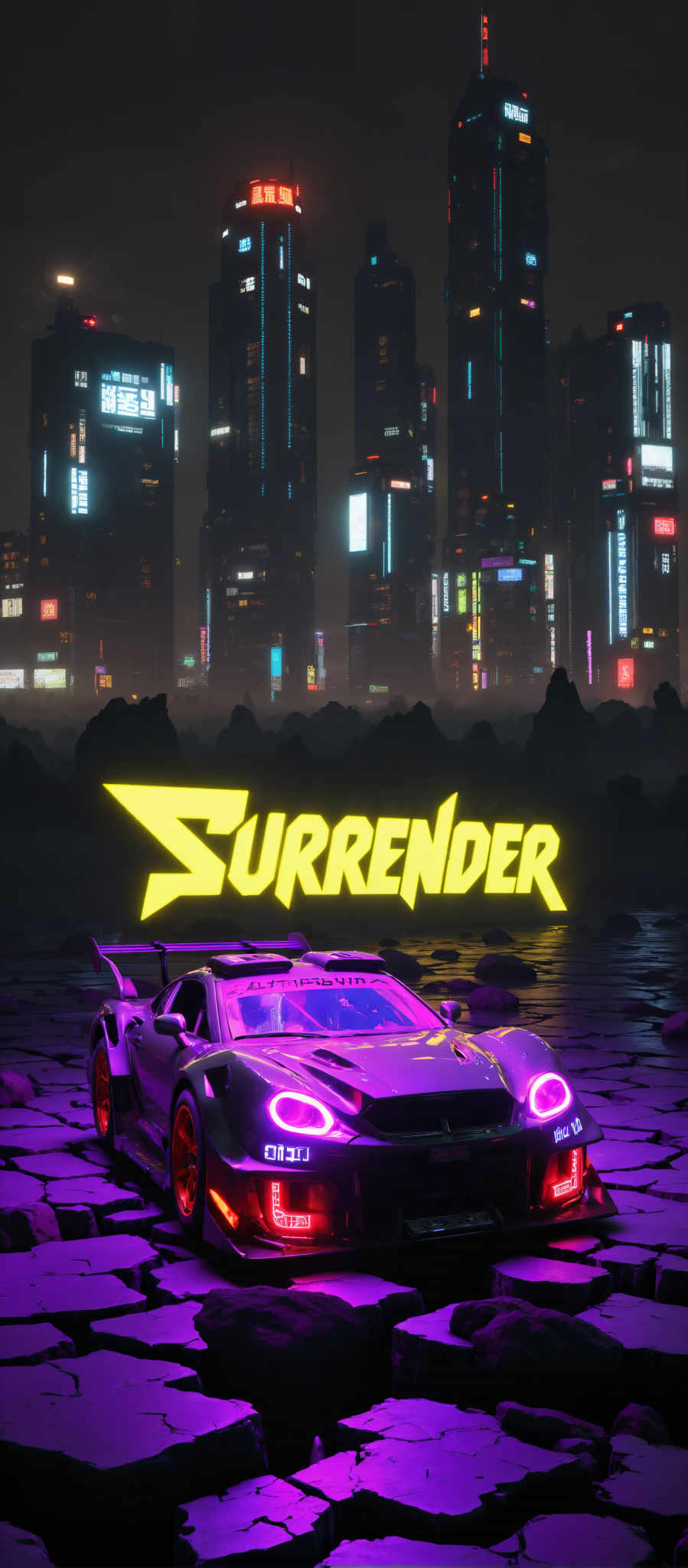 The image presents a futuristic scene dominated by a purple sports car. The car which is the central focus of the image is parked on a rocky terrain. The word "Surrender" is prominently displayed in yellow letters above the car adding a sense of drama to the scene.

The car itself is sleek and modern with a large spoiler on the back suggesting high-speed capabilities. The purple color of the car stands out against the rocky terrain drawing the viewer's attention.

In the background there are tall buildings with neon lights creating a cityscape that adds depth to the composition. The buildings are illuminated suggesting that the scene takes place at night.

The art style of the scene is futuristic with elements such as the purple car and the neon-lit cityscape. The subject of the art is the car and its surroundings with the word "surrender," suggesting a sense adventure or challenge.

The motif of the artwork is the juxtaposition of the futuristic car and cityscape with "surrection" suggesting a theme of overcoming obstacles or challenges. The image is a blend of action adventure and futuristic design creating an engaging and visually striking scene.