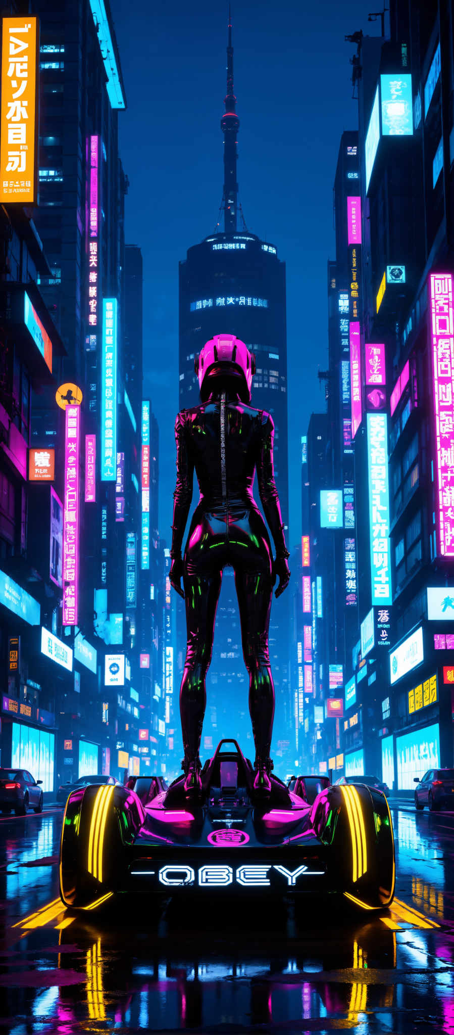 A woman in a futuristic suit stands in front of a cityscape at night. The city is filled with neon lights in shades of pink blue and purple. The woman is wearing a black suit with a pink helmet and has a long black tail attached to her suit. The art style is futuristic and the subject is a woman. The motif is a city at night with neon signs. The image evokes a sense of mystery and adventure.