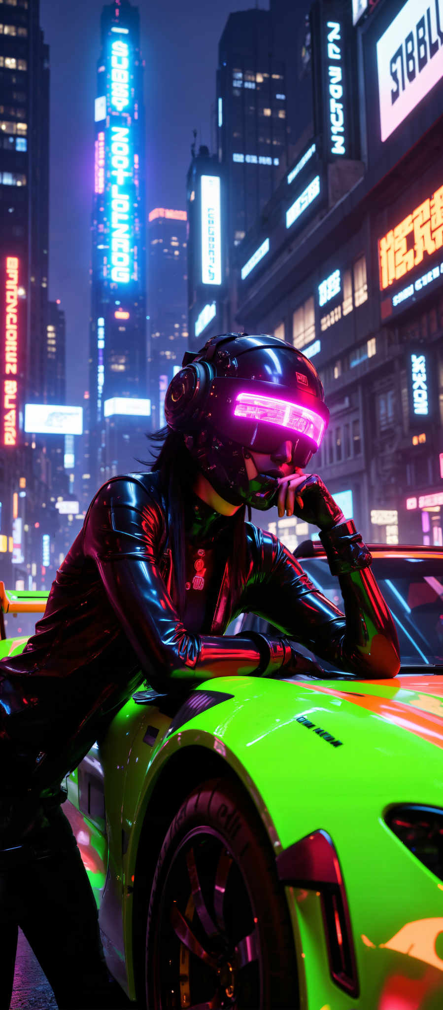 A woman in a futuristic suit is sitting on a neon green car. She is wearing a black helmet with pink lights and a black jacket. The cityscape in the background is filled with neon lights. The woman appears to be in a state of contemplation adding a sense of mystery to the scene. The art style is futuristic with a focus on the woman and the car. The subject is the woman and the motif is the futuristic setting. The colors are predominantly black pink and green. The image evokes a sense curiosity and wonder.