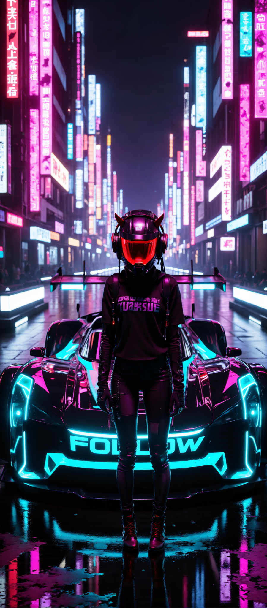 A woman stands in front of a futuristic car her face obscured by a neon helmet. The car is a striking combination of black and purple with glowing blue lights adorning its front. The woman is dressed in a black shirt and pants adding to the overall futuristic aesthetic of the scene. The background is filled with neon signs creating a vibrant and colorful atmosphere. The art style of the image is futuristic with a focus on the car and the woman. The subject of the photo is the woman and the car and the motif is a futuristic setting. The image evokes a sense of excitement and anticipation with the glowing car and neon signs adding to this feeling.