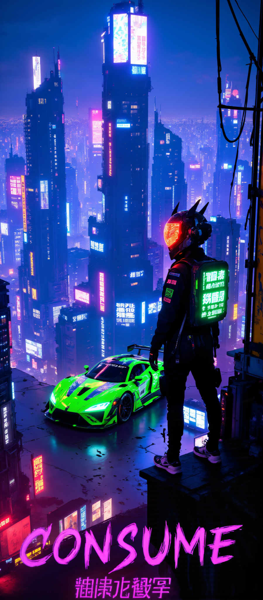 A futuristic scene features a neon green sports car and a person in a black suit. The car with its sleek design and vibrant color is parked on a platform. The person donned in a helmet and carrying a backpack stands next to the car adding a sense of adventure to the scene. The backdrop is a cityscape filled with tall buildings their windows glowing with blue and pink lights creating a surreal atmosphere. The art style is reminiscent of a digital painting with the use of bright colors and futuristic elements. The subject of the image is a blend of technology and human exploration while the motif is a futuristic cityscape.