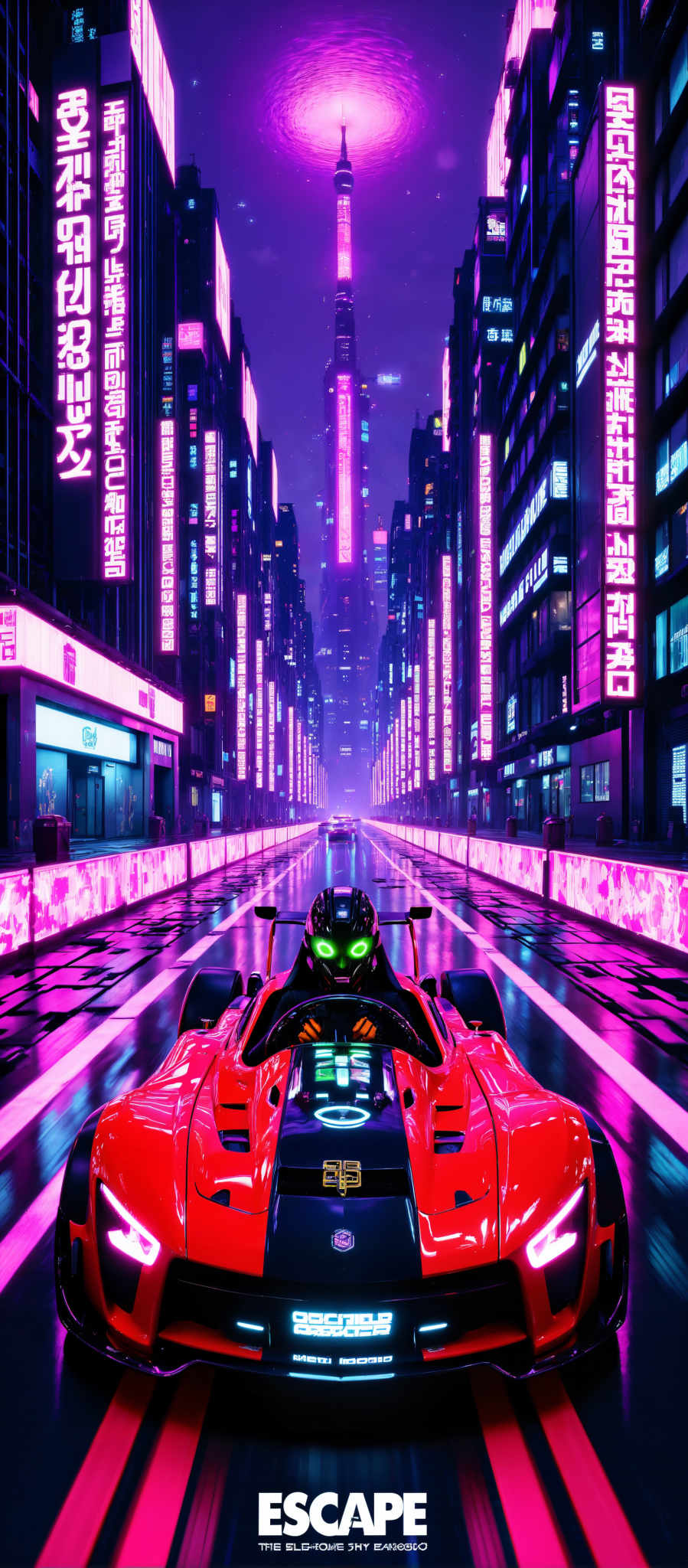 The image captures a futuristic scene set in a city at night. Dominating the center of the frame is a red car its sleek design accentuated by a large headlight. The car is in motion driving down a street that is bathed in a vibrant mix of pink and purple lights. 

The street itself is a marvel of modern architecture lined with towering buildings that reach up into the night sky. These structures are adorned with neon signs their bright colors adding to the overall luminosity of the scene. 

Despite the bustling cityscape the car is the only vehicle in sight giving it a sense of solitude amidst the urban chaos. The image does not contain any discernible text. The relative positions of the objects suggest a perspective from the side of the street looking towards the car as it drives away. 

Overall the image presents a vivid depiction of a futuristic city at nighttime with the red car as its focal point.