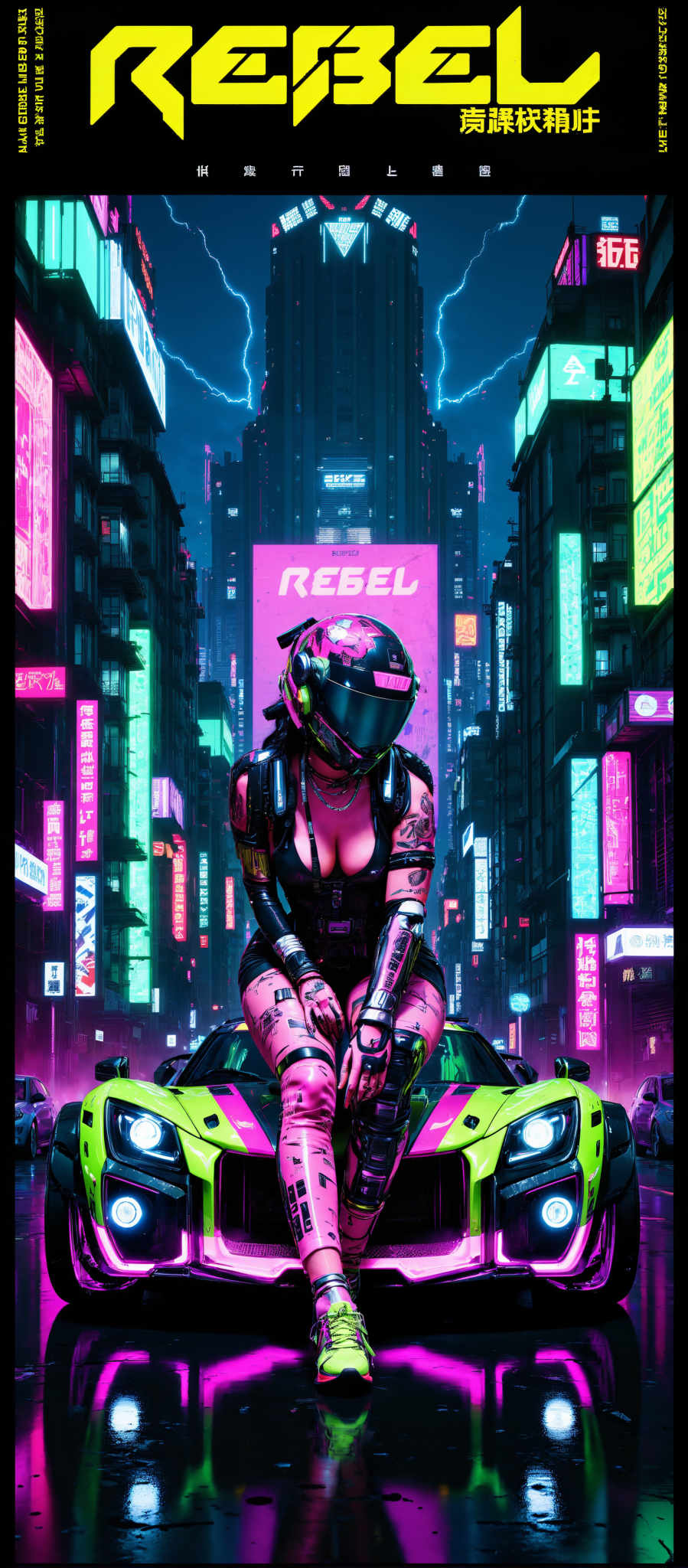 A woman in a futuristic setting is sitting on a car. She is wearing a black and pink outfit a helmet and has tattoos on her arms. The car is green and pink. The background is filled with neon lights and buildings. The word "REBEL" is prominently displayed. The art style is futuristic and the subject is a woman. The colors are predominantly pink black and green. The mood is rebellious and futuristic.