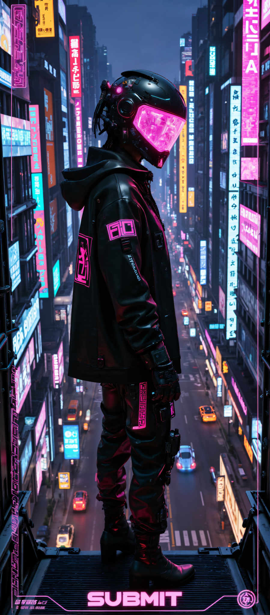 A man in a black leather jacket stands on a rooftop overlooking a cityscape. The jacket is adorned with pink and black patches adding a touch of color to the otherwise monochrome ensemble. The city below is a vibrant mix of neon lights and billboards creating a lively and bustling atmosphere. The man's position on the rooftop gives him a commanding view of the city suggesting a sense of solitude amidst the urban chaos. The image captures a moment of quiet reflection in the midst of a bustling cityscape evoking a sense both of solitude and connection.