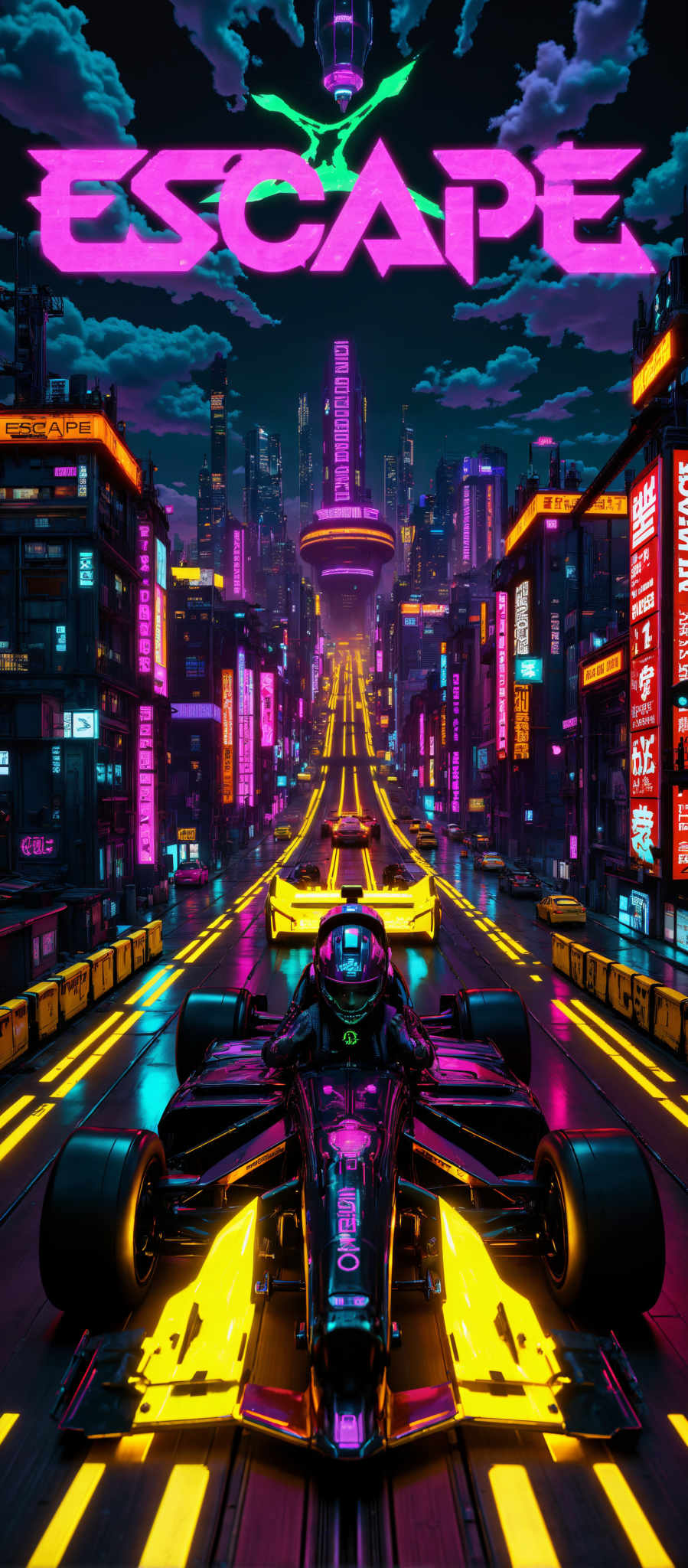 The image captures a vibrant scene from a futuristic city. The cityscape is dominated by towering buildings their facades adorned with a myriad of colorful neon signs. The buildings bathed in hues of pink purple and blue create a mesmerizing backdrop for the scene.

In the heart of the image a yellow car is in motion driving down a road that is illuminated by neon lights. The car's bright color contrasts beautifully with the cool tones of the cityscape drawing the viewer's attention.

The road is not just a path for the car but also a stage for other vehicles. Several cars and trucks can be seen in the background adding to the dynamic nature of the scene. Their presence suggests a bustling city life even in this futuristic setting.

The image is a testament to the power of art and technology combining elements of both to create a captivating visual narrative. The use of neon lights the futuristic cityscape with its towering buildings and colorful signs and the dynamic movement of the vehicles all contribute to a sense of excitement and wonder.