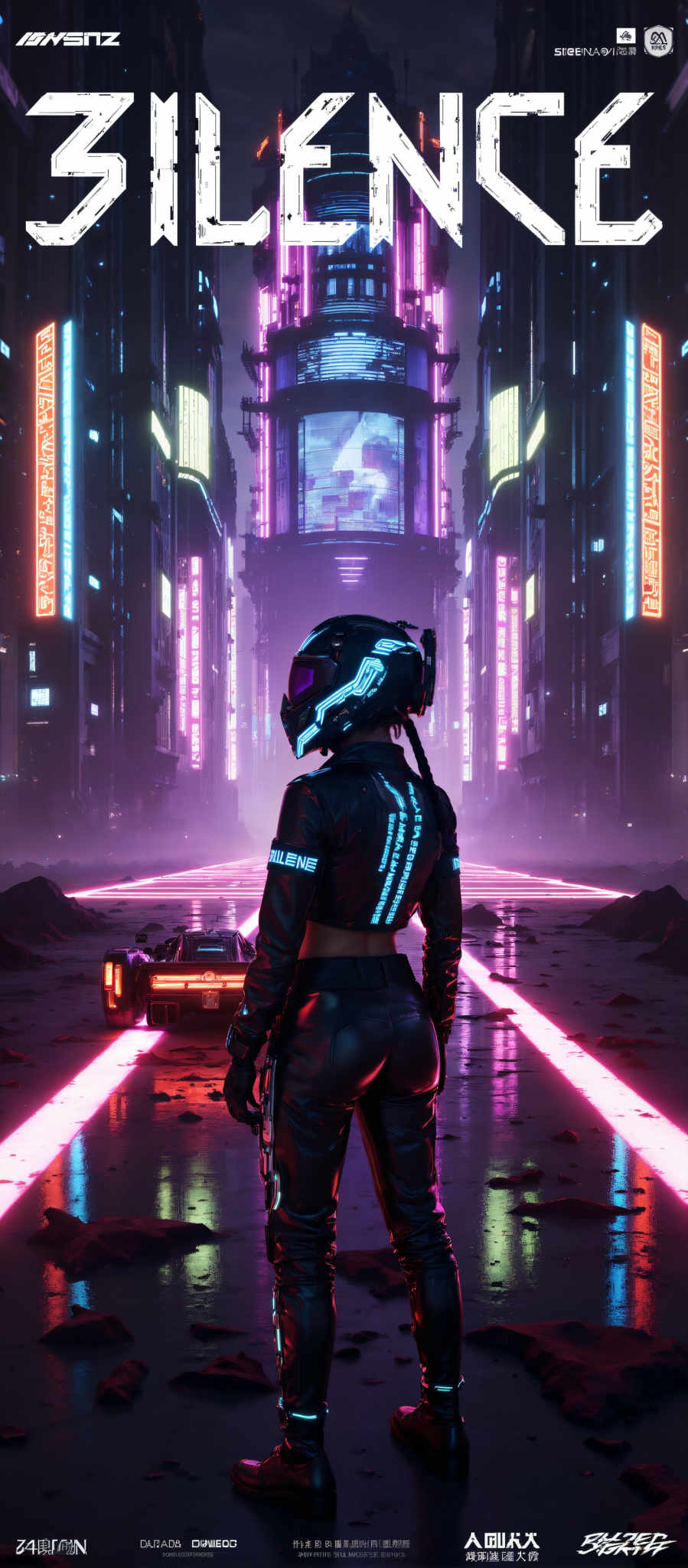 In the image a woman is standing in a futuristic cityscape. She is wearing a black leather outfit and a helmet with a clear visor. The city is filled with neon lights in shades of pink and purple. The woman is positioned in front of a large building with a dome on top. The building is illuminated by a bright light that shines through the dome. The sky is dark adding to the futuristic atmosphere. The image has a retro-futuristic art style. The subject of the image is the woman and the motif is the futuristic city. The colors in the image are predominantly black pink and purple creating a visually striking scene. The neon lights add a vibrant touch to the otherwise dark cityscape drawing the viewer's attention to the woman. The dome on the building adds an element of intrigue inviting the viewer to imagine what lies inside. The clear visored helmet on the woman suggests a sense of adventure and exploration fitting for the futuristic setting. The retro-futures art style of the photo adds a unique and interesting visual element blending the past and the future in a captivating way. The overall mood of the scene is futuristic and adventurous with a sense that the woman is ready to explore the unknown. The photo is a beautiful representation of the future capturing the essence of what it might look like.