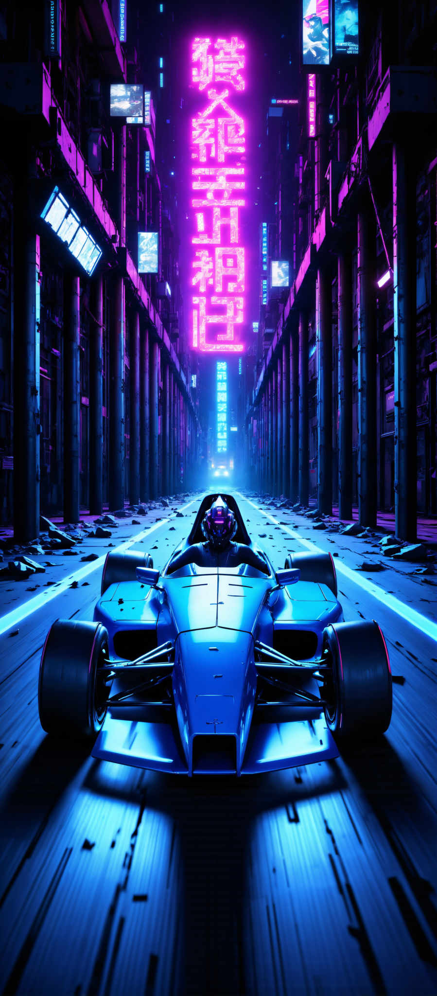 The image captures a futuristic scene of a blue car racing down a track. The car sleek and aerodynamic is adorned with a black and white checkered pattern on its hood. The track lined with purple pillars is illuminated by a neon sign that glows in hues of pink and blue. The perspective of the image is from the side of the track giving a sense of motion and speed. The overall art style is reminiscent of a digital illustration with a focus on the car and the track.