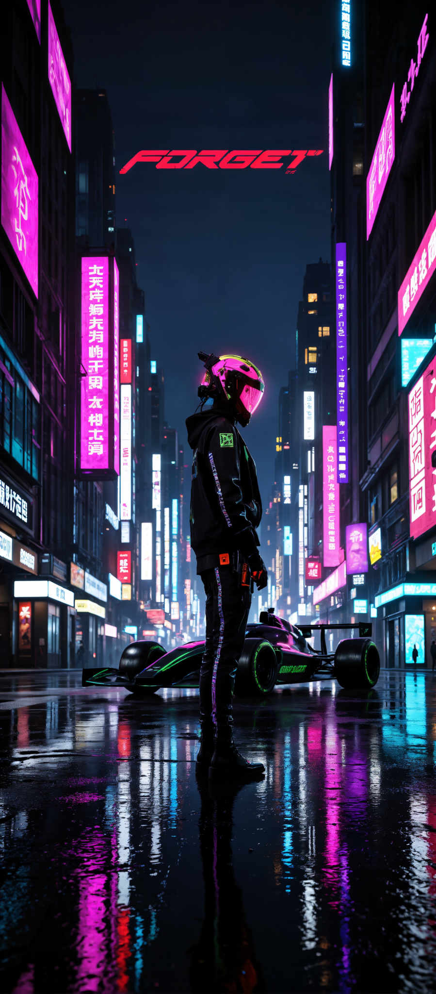 A person in a black jacket and helmet stands next to a purple and black race car. The car is parked in front of a building with neon signs. The person is wearing a helmet with a pink visor. The scene is set at night.