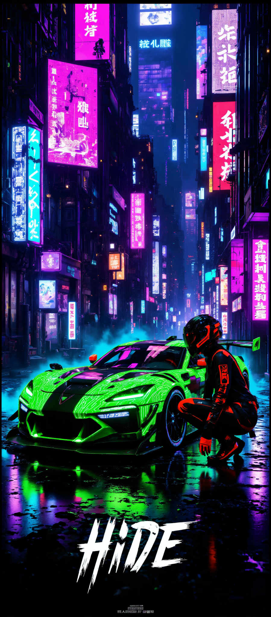 A neon green sports car is parked on a city street at night. The car is adorned with a black and red design on its hood. The street is lined with buildings that are brightly lit with neon signs in shades of purple pink and blue. The scene is reminiscent of a futuristic cityscape. A person in a black helmet is standing next to the car adding a sense of intrigue to the scene. The overall atmosphere is vibrant and energetic with the neon lights casting a colorful glow on the surroundings.