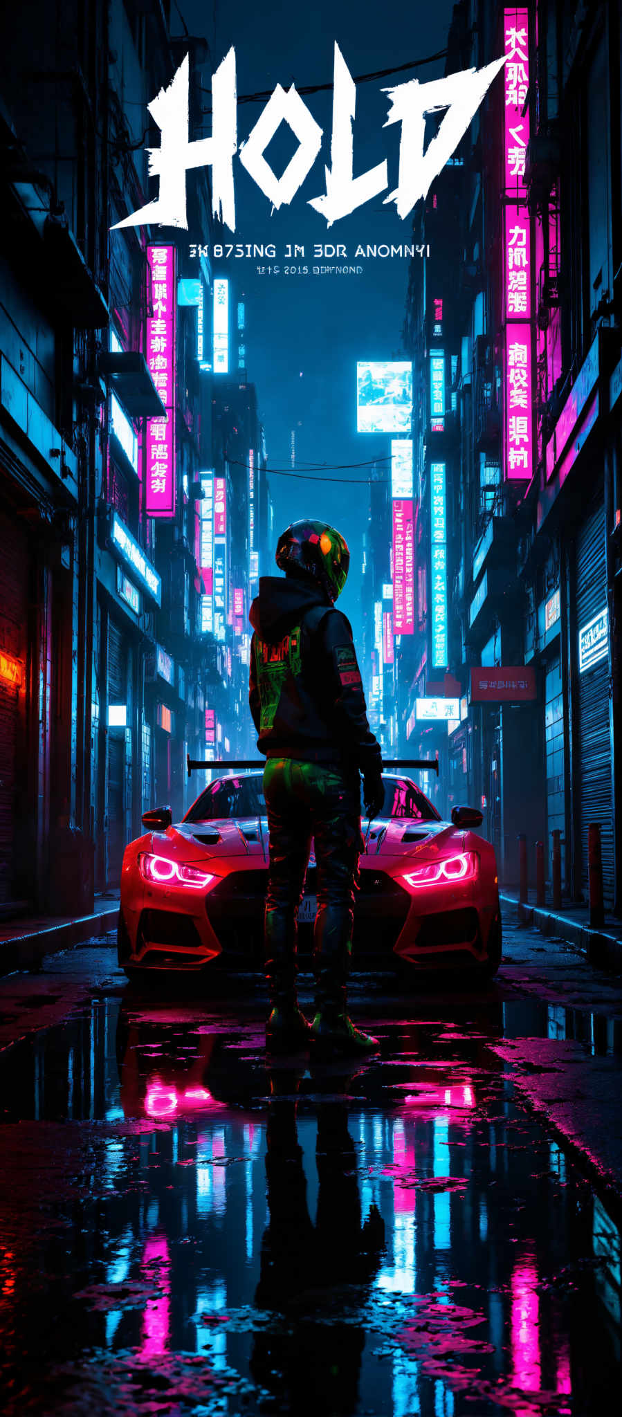 A person in a green helmet stands in front of a red sports car. The car is parked on a street lined with neon signs. The person is wearing a black jacket and green pants. The scene is set at night with the neon signs casting a colorful glow. The art style is futuristic and the subject is the person and the car.