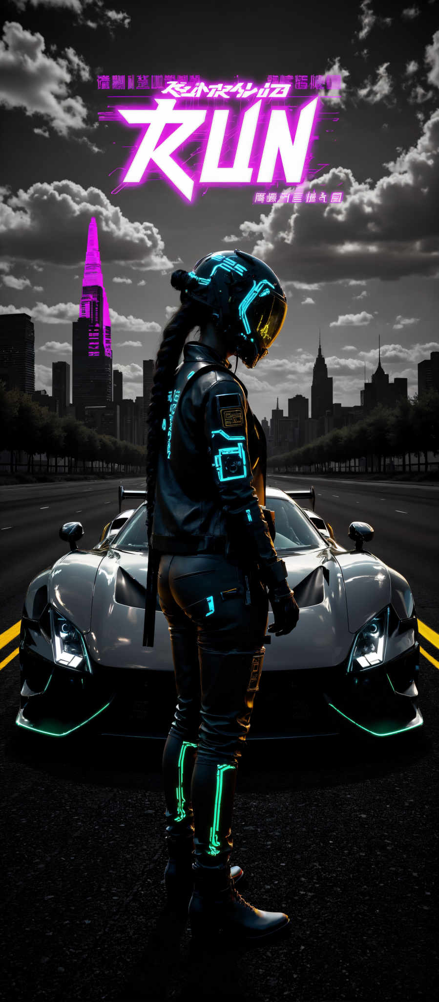 A woman in a futuristic suit stands in front of a silver sports car. The car is sleek and shiny reflecting the city lights. The woman's suit is black and blue with a helmet that matches the color scheme. The cityscape in the background is filled with tall buildings and skyscrapers creating a sense of urban sophistication. The image has a futuristic feel with the woman's outfit and the car suggesting advanced technology. The colors are predominantly black blue and silver adding to the overall futuristic aesthetic. The art style is modern and futuristic with clean lines and a focus on the woman and the sports car as the main subjects. The subject of the image is the woman with her outfit and pose drawing the viewer's attention. The motif is a blend of urban life and advanced technology creating an intriguing and visually appealing image.