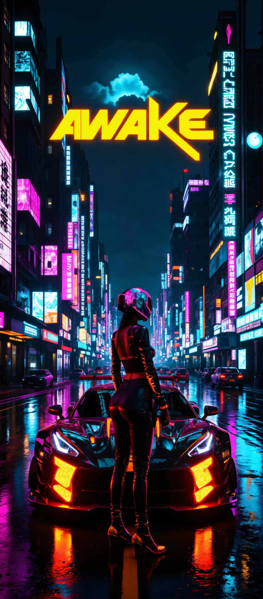 A woman in a futuristic city at night. She is wearing a black leather outfit and a pink helmet. She stands in front of a car with a futuristic design. The city is filled with neon lights in pink blue and purple. The buildings are tall and modern. The sky is dark and the city lights are bright. The woman appears to be looking at the cityscape. The image has a futuristic art style. The subject is the woman and her position in front the car suggests she is the main focus of the image. The neon lights and the futuristic design of the car and buildings create a sense of a futuristic setting. The colors such as the pink helmet and the neon lights add to the overall futuristic feel of the scene. The dark sky contrasts with the bright city lights creating a sense depth and dimension in the image.

The image does not contain any text or other objects that can be counted or located. The relative positions of the objects suggest that the woman is standing in the foreground with the car in front and then the city buildings in the background. The car is directly in front and to the side of the woman. The tall buildings are behind the car and they are scattered throughout the background of the city. The bright neon lights are scattered across the buildings and the sky. The overall composition of the photo suggests a sense movement and energy with a focus on the woman and the car. The futuristic art and the subject matter suggest that this image could be from a science fiction or fantasy genre.