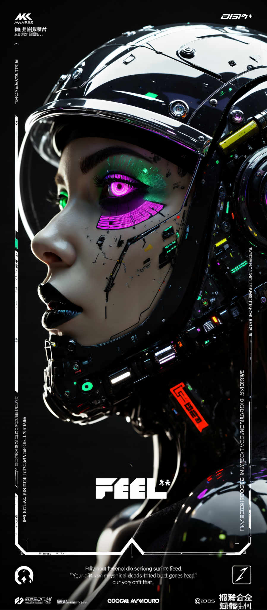 The image presents a close-up view of a robot's face which is the central focus. The robot's eyes are a striking purple color and its mouth is black. The face is adorned with a futuristic design featuring a metallic texture and a circuit board pattern. The background is black which contrasts with the robot's colorful face and accentuates its features. The image is in a portrait orientation further emphasizing the robot face. The art style is futuristic suggesting that the image might be from a science fiction or fantasy genre. The subject of the image is a robot and the motif is the exploration of artificial intelligence and its potential impact on society.