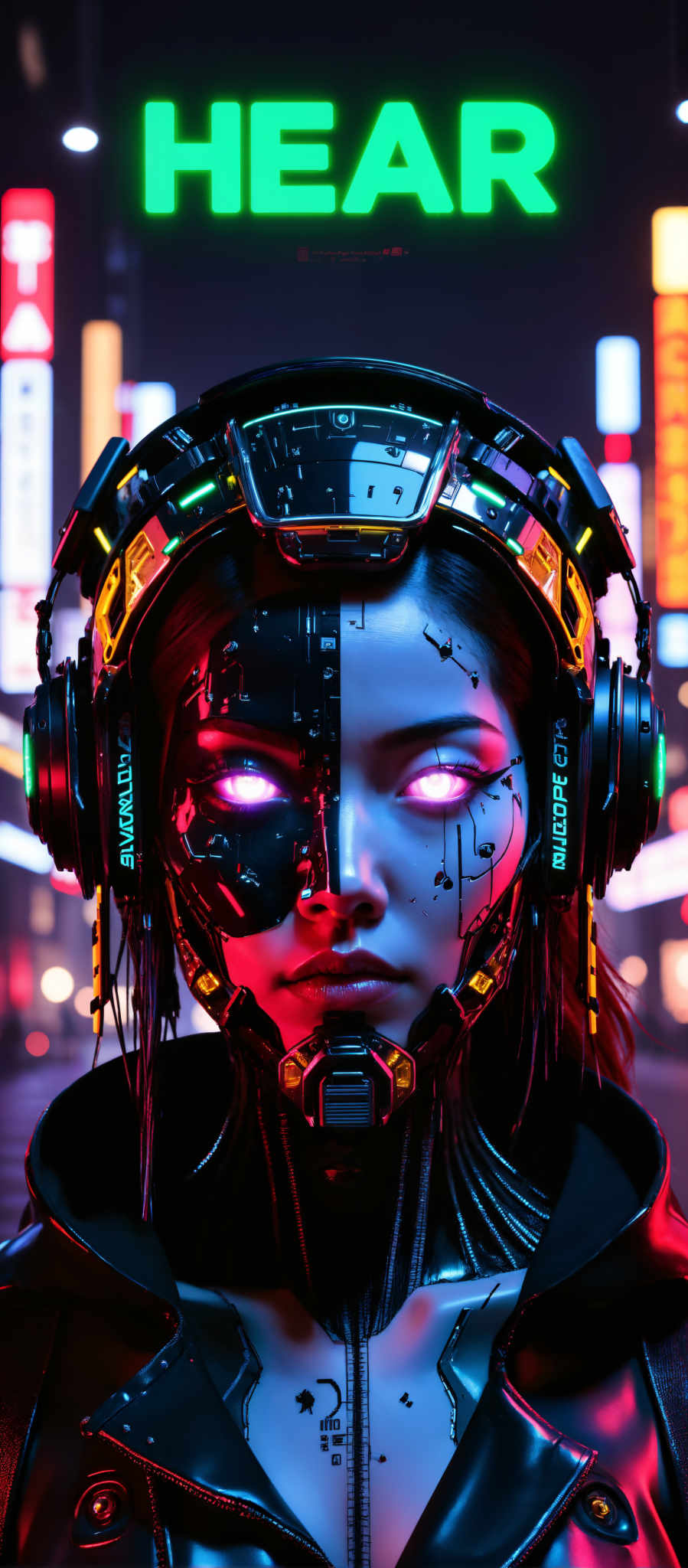 The image presents a striking digital art piece of a woman's face. The woman's eyes are glowing a vibrant blue and her hair is a fiery red. She is wearing a futuristic helmet that is predominantly black and gold. The helmet is adorned with a multitude of wires and circuit boards adding to the high-tech aesthetic of the image. The background is a kaleidoscope of neon lights in various colors creating a surreal and dreamlike atmosphere. The art style of the piece is reminiscent of cyberpunk and the subject appears to be a fusion of human and machine. The motif of the artwork could be interpreted as the exploration of technology and humanity's relationship with it.