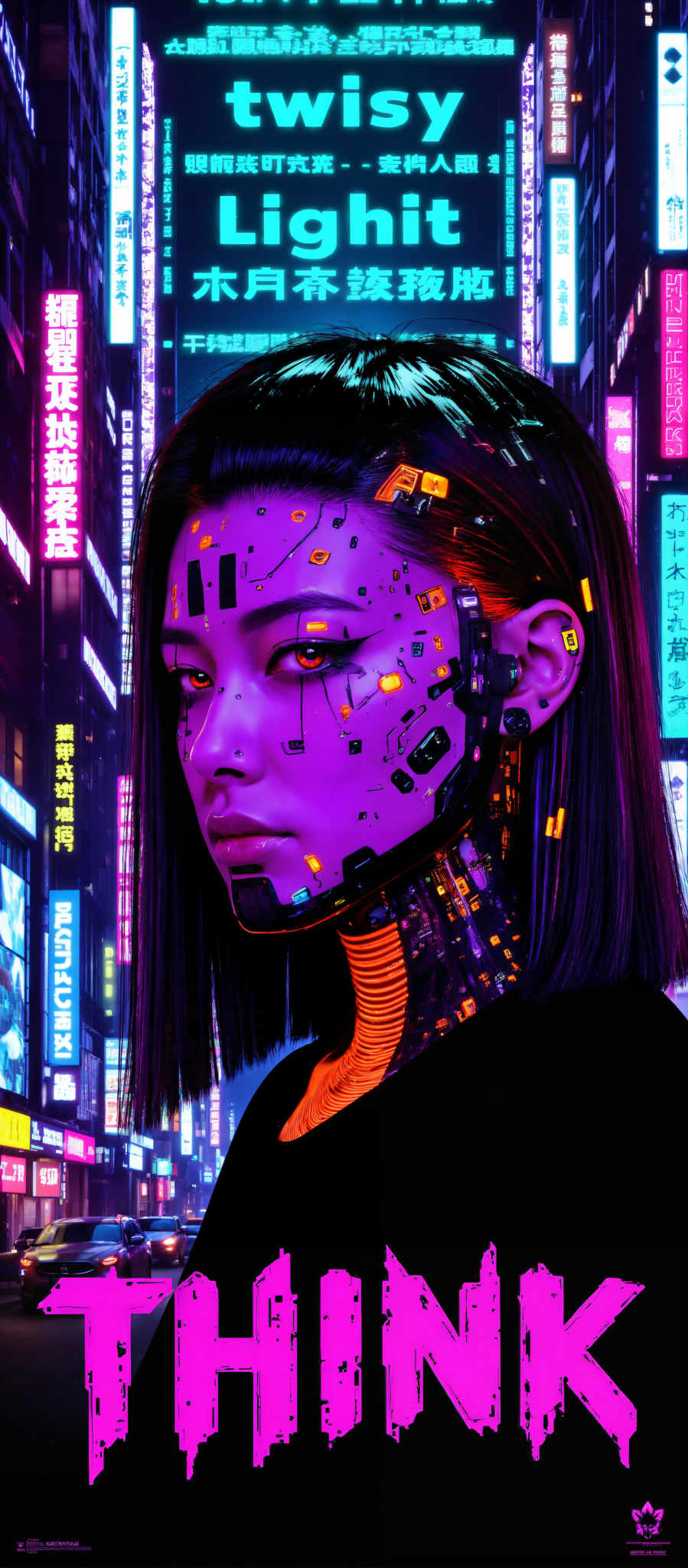 The image portrays a woman with a futuristic appearance. Her face is adorned with a purple and orange circuit board giving her an otherworldly look. Her hair is black contrasting with her skin which is also black. She is wearing a black top which matches her hair and skin color. The background is a vibrant mix of blue and pink neon lights adding to the futuristic theme of the image. The art style is surreal with a focus on the woman's face and the circuit board. The subject of the artwork is a woman and the motif is futuristic technology. The image does not contain any text.