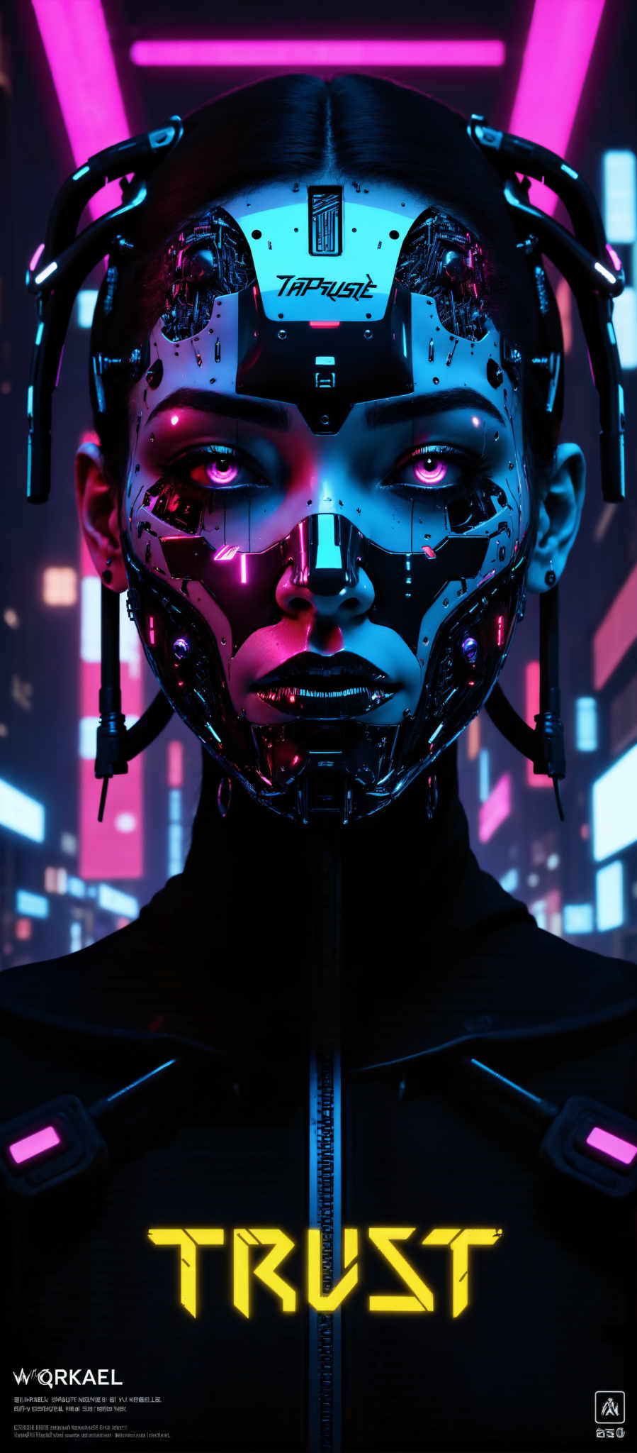 The image presents a striking digital art piece of a woman's face. The woman's eyes are a captivating blue and her lips are a vibrant pink. Her face is adorned with a futuristic metallic mask that is predominantly black and silver. The mask is intricately designed with a network of wires and circuit boards adding to the high-tech aesthetic of the image. The background is a mesmerizing blend of pink and blue lights creating a dreamy and ethereal atmosphere. The art style of the piece is reminiscent of digital art with its use of bright colors and futuristic elements. The subject of the artwork is a woman and the motif is the fusion of technology and beauty. The image does not contain any text or other discernible objects. The relative position of the objects is such that the woman's mask is in the foreground while the background is filled with the colorful lights. The overall composition of the art piece is balanced and harmonious with each element complementing the others.