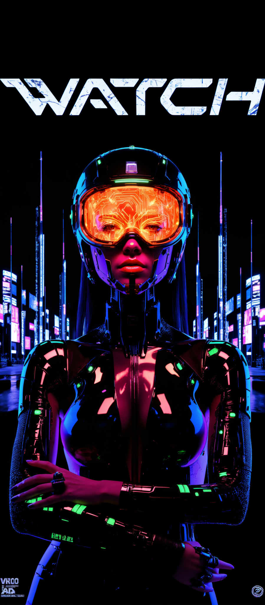 The image portrays a futuristic scene featuring a woman in a black suit. She is wearing a helmet with a visor that glows in hues of orange and blue. The suit is adorned with green and purple accents adding a vibrant touch to her attire. The background is a cityscape illuminated by neon lights in shades of pink and blue creating an atmosphere of a futuristic urban setting. The art style of the image is reminiscent of digital art with a focus on the woman as the central subject. The image evokes a sense of mystery and intrigue inviting viewers to imagine the story behind this captivating scene.