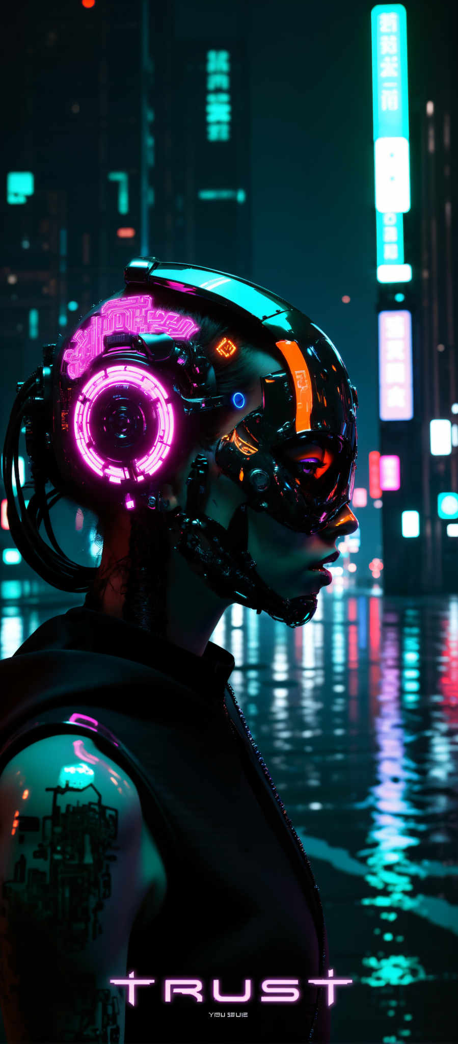 The image portrays a futuristic scene featuring a cyborg. The cyborg which is the central figure in the image is adorned with a black and orange suit. Its head is covered with a helmet that is predominantly black and silver with a visor that is tinted blue. The helmet is equipped with a large circular pink light on the side adding a touch of color to the otherwise monochrome ensemble.

The cyborg is standing in front of a cityscape that is illuminated by neon lights. The cityscape is composed of tall buildings their windows glowing with a myriad of colors. The neon lights cast a vibrant glow on the scene creating a sense of depth and dimension.

The image is captured from a low angle looking up at the cyborg's head. This perspective gives the cybor a towering presence emphasizing its stature and dominance in the scene. The overall composition of the image suggests a narrative of a futuristic world where cyborgs are a common sight. The image does not contain any discernible text. The relative positions of the objects suggest that the cybog is in the foreground while the cityscape forms the backdrop. The colors objects and their arrangement create a visually striking image that tells a story of a future where technology and humanity have become one.