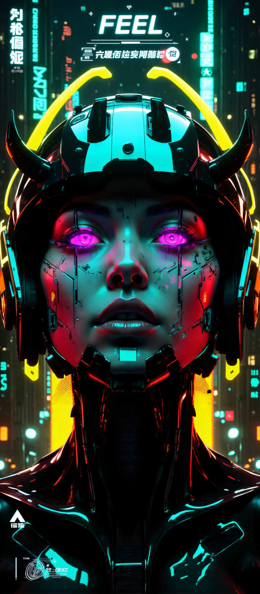 The image presents a close-up view of a person's face which is the central focus. The face is adorned with a futuristic helmet that is predominantly black and blue. The helmet is embellished with a multitude of wires and circuit boards adding to its high-tech appearance. The eyes of the person are accentuated with a striking purple glow creating an otherworldly effect. The background is a vibrant mix of neon lights in various colors including red yellow and green which adds a sense of depth and complexity to the scene. The overall art style of the image is reminiscent of futuristic or cyberpunk aesthetics. The subject of the photo is the person's head and face with the helmet and glowing eyes being the main motifs. The image does not contain any discernible text. The relative positions of the objects are such that the person is in the foreground while the neon lights form the backdrop. The futuristic helmet is worn on the person and is positioned on top of their head. The glowing eyes are located on the face of the helmet. The wires and circuits are attached to the helmet covering its surface. The neon lights are scattered in the background creating a colorful and dynamic backdrop.