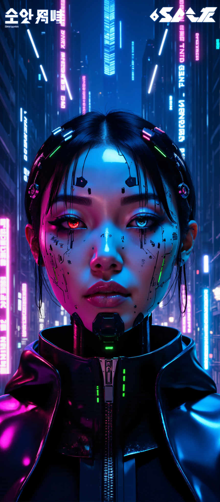 The image portrays a woman with a futuristic appearance. Her face is adorned with a circuit board design and she is wearing a black helmet. The background is a vibrant mix of pink and blue neon lights creating a surreal atmosphere. The art style is reminiscent of digital art and the subject appears to be a cyborg or an alien. The motif of the image is futuristic technology and advanced design. The woman's gaze is intense adding to the overall mysterious and intriguing vibe of the scene.