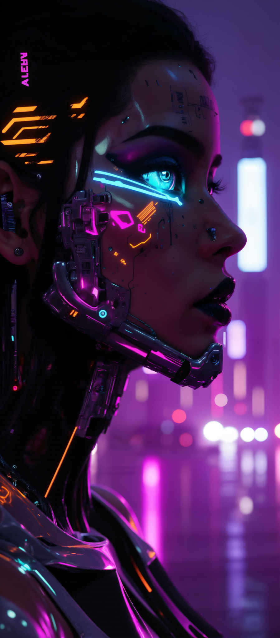 The image presents a close-up view of a person's face which is the central focus. The person's eyes are open and their mouth is slightly ajar giving an impression of contemplation or deep thought. The face is adorned with a futuristic metallic makeup that glows with a vibrant mix of pink purple and blue lights. This gives the image a surreal and otherworldly feel. The background is a dark purple with streaks of light that add depth and contrast to the scene. The overall art style is reminiscent of a digital painting or a photo manipulation with a strong emphasis on color and light. The subject of the image is the person's expression and the futuristic makeup while the motif is the interplay of light and color in the scene.

The image does not contain any text or other discernible objects. The relative position of the objects is such that the person is in the foreground with the background being the dark purple with streaked lights. The futuristic makeup is applied directly to the person with no other objects to compare its position to. The image does contain a sense of depth with both the person and the background contributing to this effect. The colors object types and actions have been described as accurately as possible based on the image.