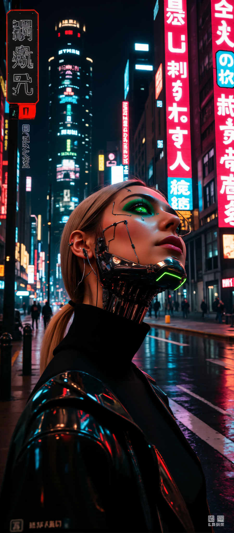 A woman with a futuristic robot headpiece is standing on a city street at night. The robot head is metallic and has a green light on the forehead. The woman is wearing a black top and has blonde hair. The city street is filled with neon signs and buildings. The overall mood of the image is futuristic and surreal. The colors are predominantly black green and neon colors from the signs. The art style is surreal and futuristic. The subject is a woman with an advanced robot head and the motif is a futuristic cityscape.