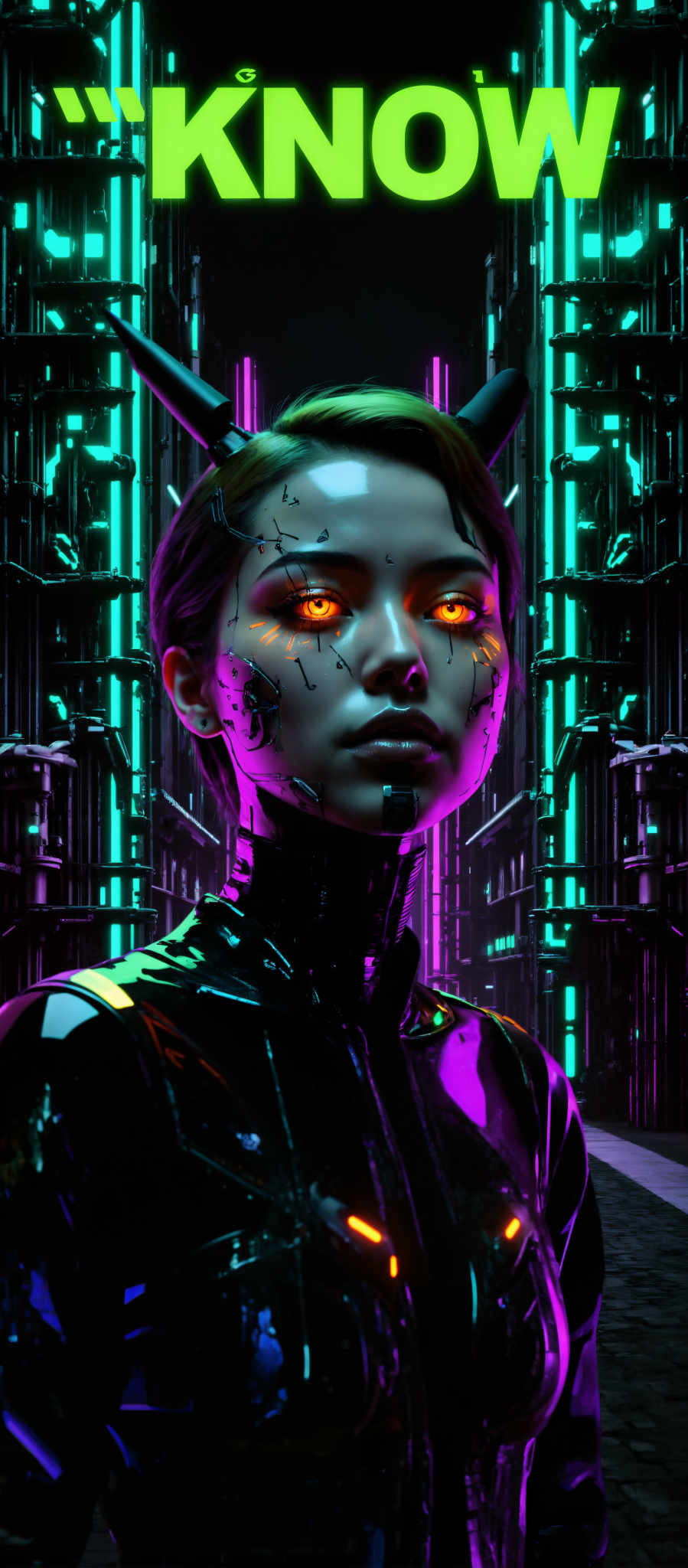 The image portrays a woman with a futuristic appearance. She has a metallic face and body giving her an alien-like appearance. Her eyes glow a striking orange color adding to her otherworldly look. She is set against a backdrop of a cityscape with tall buildings and neon lights in shades of purple and green. The art style of the image is reminiscent of a digital illustration with a focus on the woman's face and upper body. The subject of the artwork is a woman and the motif is a futuristic cityscape. The image evokes a sense of mystery and intrigue with the woman appearing to be from another time or place.