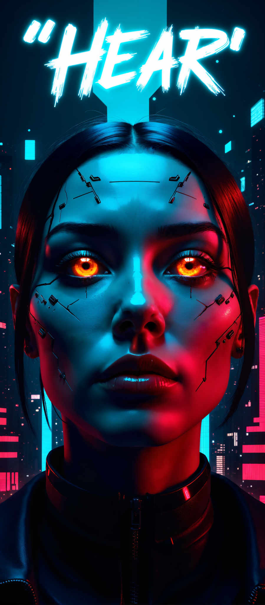 The image presents a striking digital art piece featuring a woman's face. Her skin is a vibrant blue contrasting with her red lips. The woman's eyes are a captivating yellow and she has black hair. Her face is adorned with intricate circuit board patterns adding a futuristic touch to the artwork. The background is a mesmerizing blend of pink and blue lights creating a dreamy atmosphere. The art style is reminiscent of digital painting and the subject is a woman possibly symbolizing the fusion of human and technology. The motif of the image could be interpreted as the exploration of the intersection between humanity and technology in our modern world.