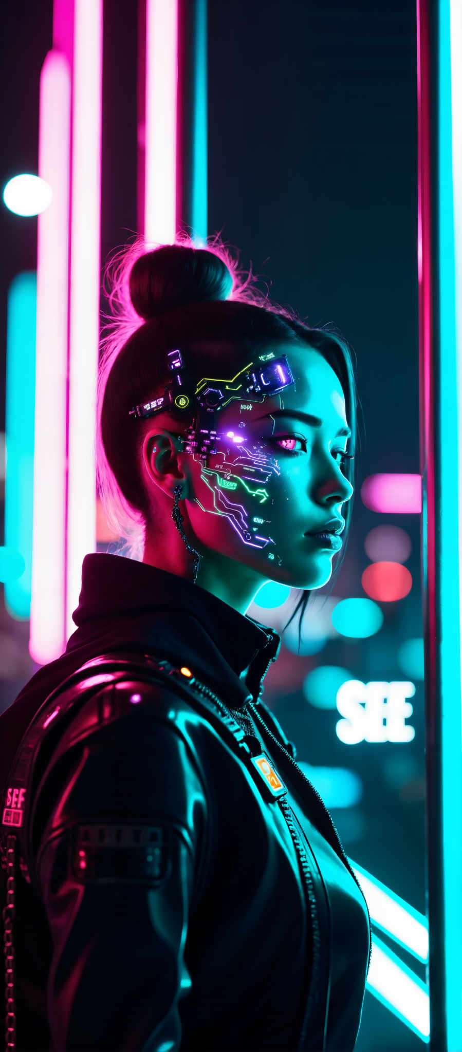 The image portrays a woman with a futuristic appearance. Her face is adorned with a circuit board glowing with hues of blue and purple. The circuit board is intricately designed with a network of lines and dots that resemble a digital landscape. The woman's hair is styled in a bun adding to her futuristic look. She is wearing a black jacket which contrasts with the vibrant colors of the circuit board. The background is a cityscape at night illuminated by neon lights in shades of pink and blue. The art style of the image is futuristic with the circuitry on the woman's face and the neon-lit cityscape creating a sense of advanced technology and innovation. The subject of the photo is the woman who is the focal point of the composition. The motif of the subject is the fusion of technology and humanity represented by the circuitboard on the face and her human-like appearance. The image does not contain any text.