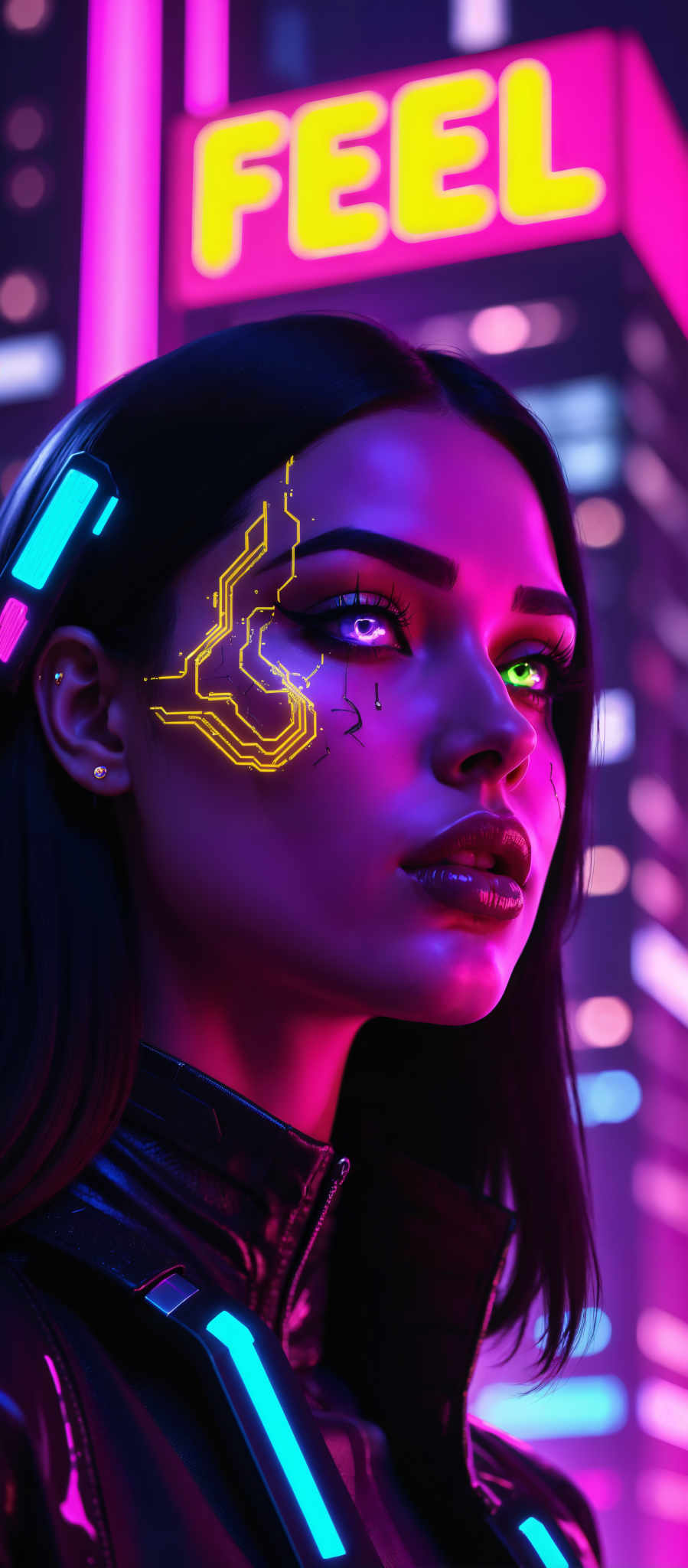 The image portrays a woman with long black hair her face adorned with a futuristic design. The design is a blend of yellow and purple lines and dots creating an abstract pattern that covers her eyes and forehead. The background is a vibrant mix of pink and purple lights adding to the overall futuristic theme. The woman's gaze is directed towards the camera creating a sense of connection with the viewer. The image is a striking representation of modern digital art with its focus on the fusion of technology and human expression.