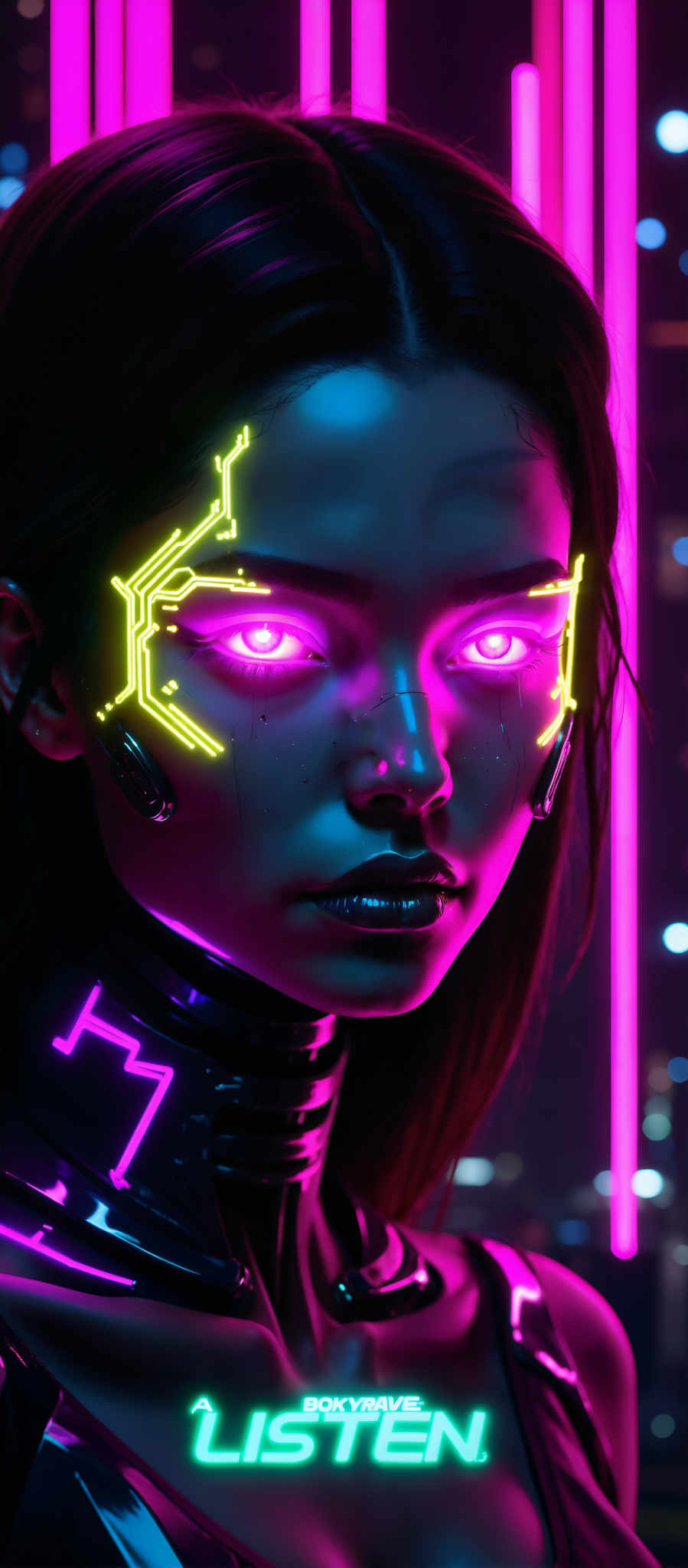 The image portrays a woman with a futuristic appearance. Her face is adorned with a digital mask which is illuminated by neon lights in hues of purple and pink. The mask is intricately designed with circuitry patterns adding to the high-tech aesthetic. The woman's eyes are wide open and she gazes directly into the camera creating a sense of connection with the viewer. The background is a dark purple color speckled with neon lights that add depth and dimension to the scene. The overall art style is reminiscent of futuristic or cyberpunk themes. The subject of the image is the woman and the motif revolves around technology and digital transformation.