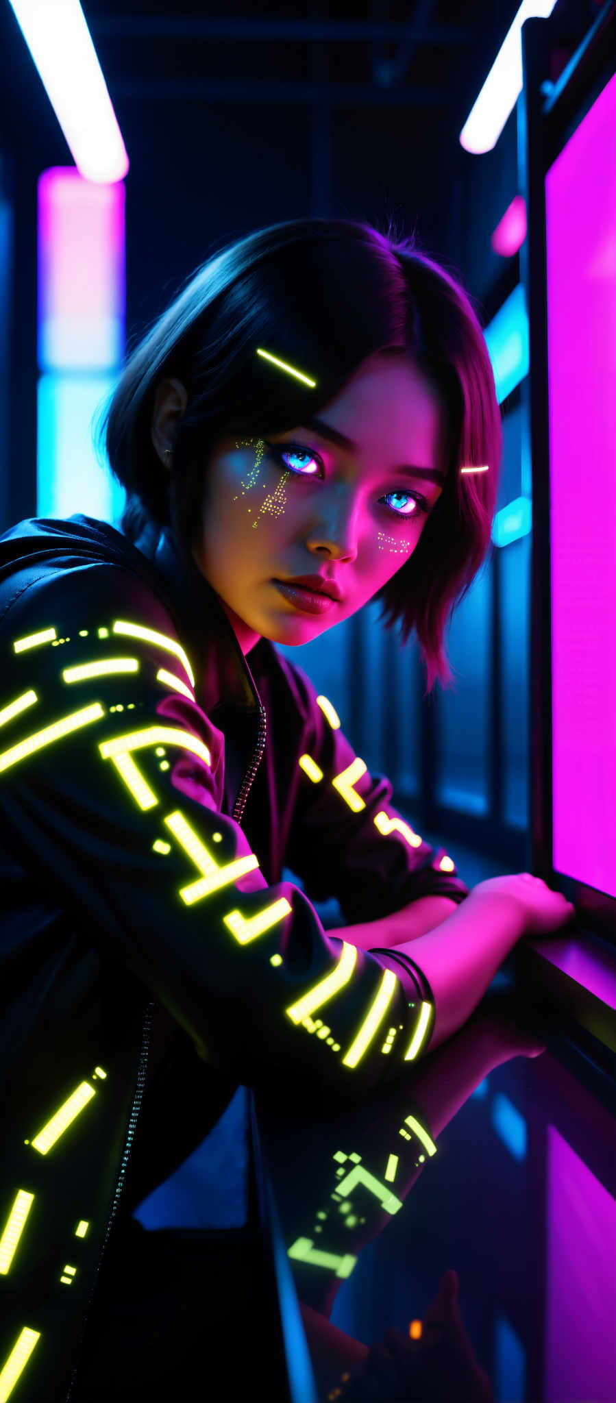 A woman with a futuristic appearance is the main subject of this image. She is wearing a black jacket adorned with neon lights giving her an otherworldly glow. Her hair is styled in a bob and she is looking off to the side with a serious expression on her face. The background is a dark blue color with a pink and purple gradient on the right side adding to the overall futuristic theme of the image. The art style is reminiscent of digital art with the use of neon lights and the woman's futuristic appearance. The subject of the photo is the woman and the motif is the futuristic theme. The image does not contain any text.