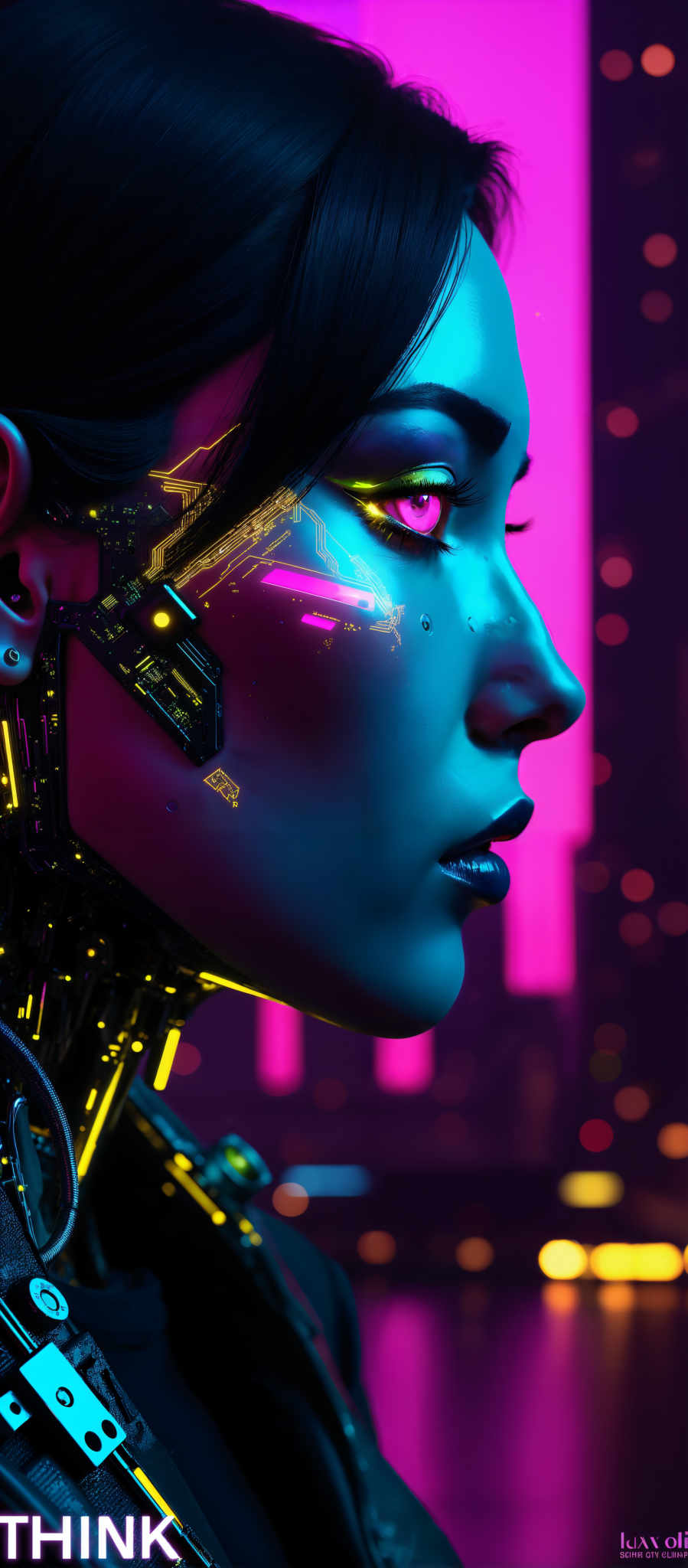 The image presents a close-up view of a robot's face which is the central focus. The robot's eyes are a striking blue color and its mouth is painted black. The face is adorned with a circuit board adding a futuristic touch to the design. The background is a vibrant mix of pink and purple lights creating a dreamy and ethereal atmosphere. The art style of the image is reminiscent of digital art with a focus on the robot's intricate design and the vivid colors of the background. The subject of the artwork is the robot and the motif is the fusion of technology and art. The image does not contain any text or other discernible objects. The relative position of the robot to the background suggests that the robot is in the foreground while the lights are in the background creating depth in the image. The colors the robot design and their arrangement contribute to the overall mood and theme of the piece.