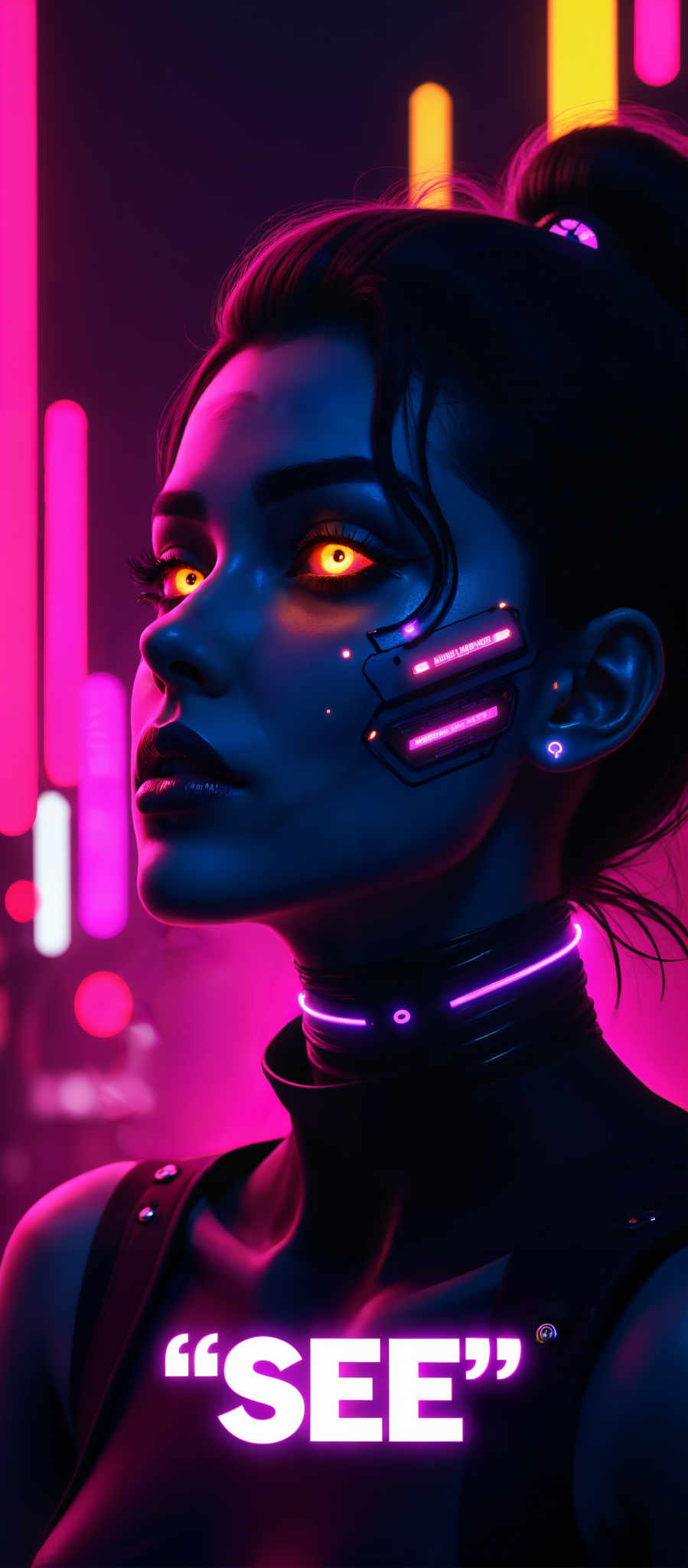 The image portrays a woman with a striking blue face and hair illuminated by pink and purple lights. Her eyes are glowing a vibrant yellow adding to the overall surreal and dreamlike atmosphere of the image. The woman's face is adorned with a futuristic design featuring a circuit board and wires suggesting a theme of technology and innovation. The background is a dark purple with pink and white lights scattered throughout creating a sense of depth and dimension. The art style of the photo is reminiscent of digital art with a focus on the surreal and the fantastical. The subject of the artwork is a woman and the motif revolves around the fusion of technology with the human form. The image does not contain any text or other discernible objects. The relative positions of the objects are such that the woman is in the foreground with the circuit board design on her face and she is set against the dark purple background with the pink and pink lights. The yellow glowing eyes are located on the woman's forehead. The overall composition of the photograph is balanced and harmonious with each element contributing to the creation of a captivating and thought-provoking image.