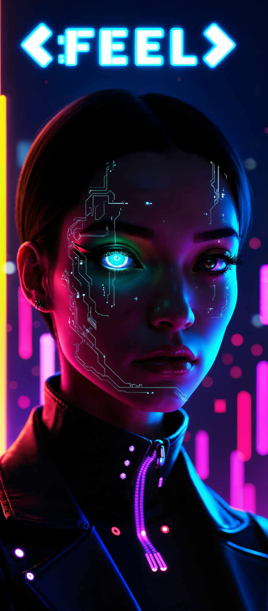 The image portrays a woman with a futuristic appearance. Her face is adorned with a circuit board giving her an electronic look. Her eyes are glowing a striking blue adding to her otherworldly appearance. She is wearing a black jacket which contrasts with the vibrant background. The background is a mix of pink and purple lines creating a neon-like effect. The art style of the image is futuristic and the subject appears to be a woman. The motif of the circuit board on her face suggests a theme of technology and innovation.