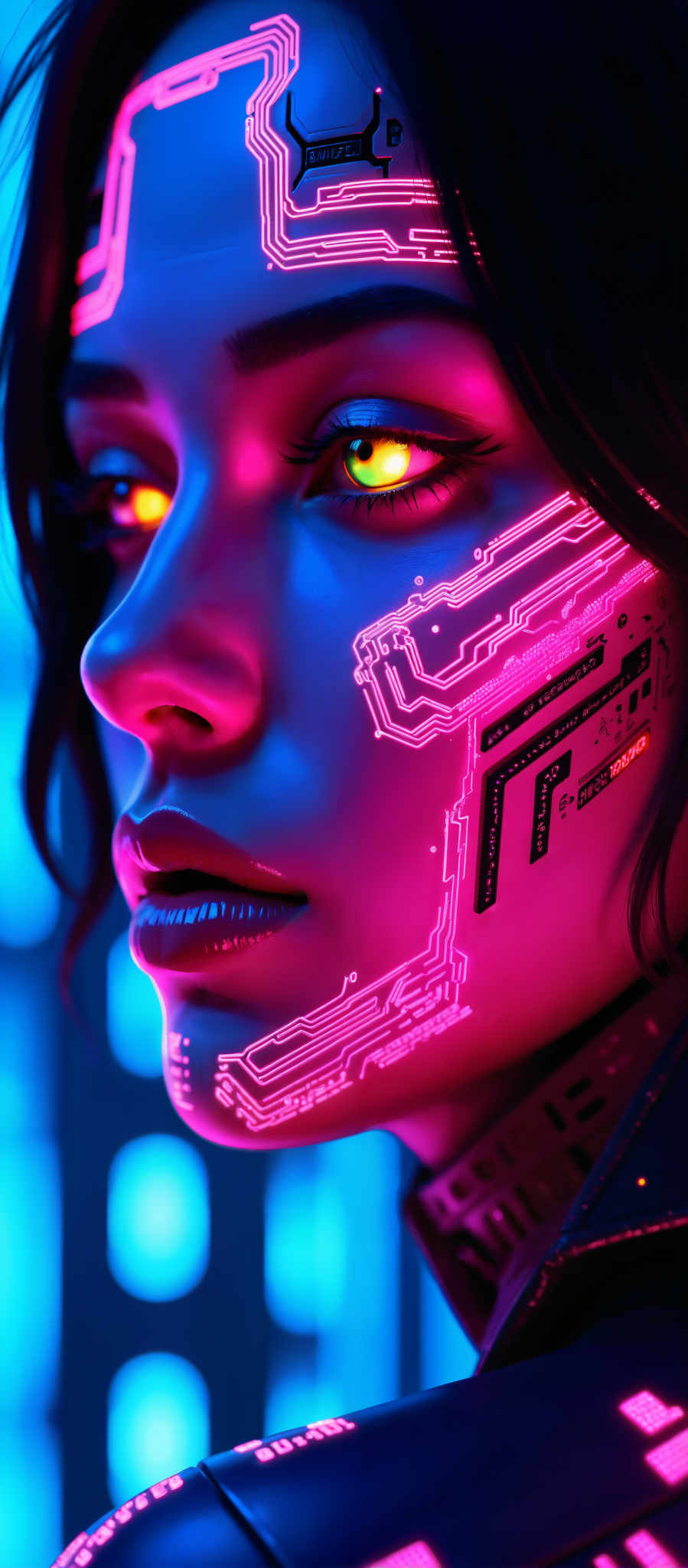 The image portrays a close-up of a person's face bathed in a vibrant glow of pink and blue lights. The face is adorned with intricate circuit board patterns creating a striking contrast against the skin. The person's eyes are wide open reflecting a sense of wonder or curiosity. The background is a dark blue adding depth to the scene and highlighting the glowing face. The overall art style is reminiscent of digital art with its emphasis on light and circuitry. The subject of the image is the face and the motif is the fusion of human and technology. The image evokes a sense curiosity and intrigue inviting viewers to explore the intersection of humanity and technology further.