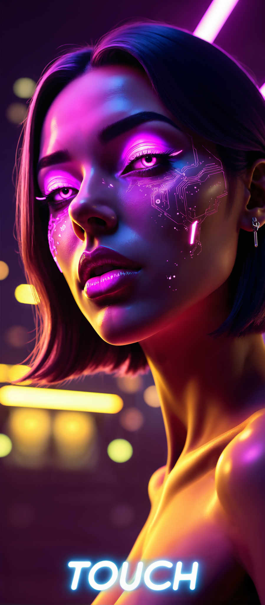 The image portrays a woman with a futuristic appearance. Her hair is dyed a vibrant shade of purple and she has a striking blue eye makeup. Her face is adorned with a circuit board design adding to her otherworldly look. The background is a dark purple with neon lights scattered throughout creating a surreal atmosphere. The art style is reminiscent of digital art with a focus on the woman's face and the circuit board motif. The subject of the image is the woman and the motif is the fusion of technology and human beauty. The image evokes a sense of wonder and curiosity about the future of human evolution.