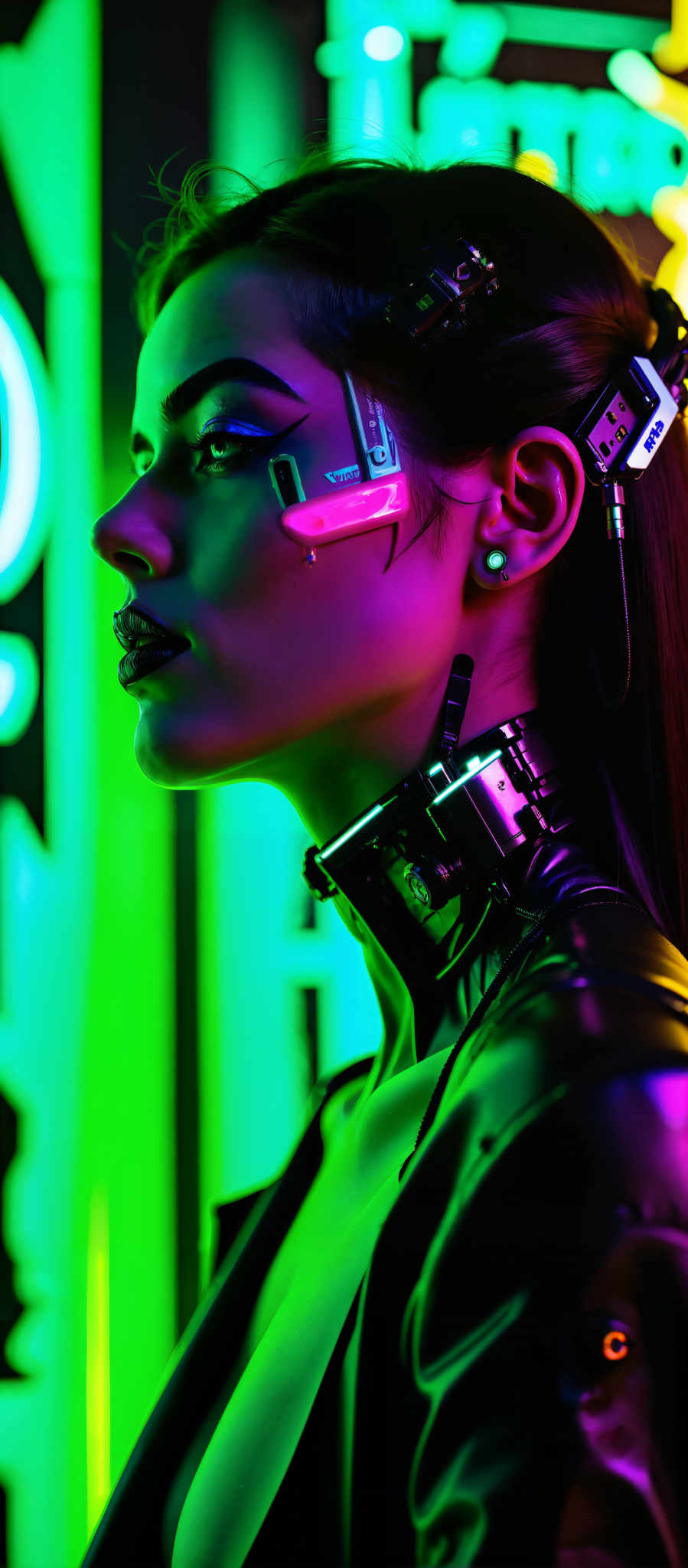 The image captures a close-up of a person's face and neck bathed in a vibrant array of neon lights. The person is adorned with a black choker necklace adding a touch of elegance to the scene. The background is a kaleidoscope of colors with neon lights in hues of green blue and pink illuminating the scene.

The person's hair a striking shade of red contrasts beautifully with the cool tones of the neon lights creating a visually captivating image. The art style is reminiscent of a digital painting with the use of neon colors and the person's red hair adding a surreal quality to the photograph.

The subject of the image is the person who is the focal point of the composition. The motif of the scene is the interplay of light and color with each element contributing to the overall aesthetic of the photograph. The image does not contain any discernible text or countable objects and there are no explicit actions taking place. The relative positions of the objects are such that the person is in the foreground with their face and necklace in sharp focus while the neon-lit background provides a colorful backdrop. The overall composition is balanced and harmonious with a clear emphasis on the person and their vibrant surroundings.