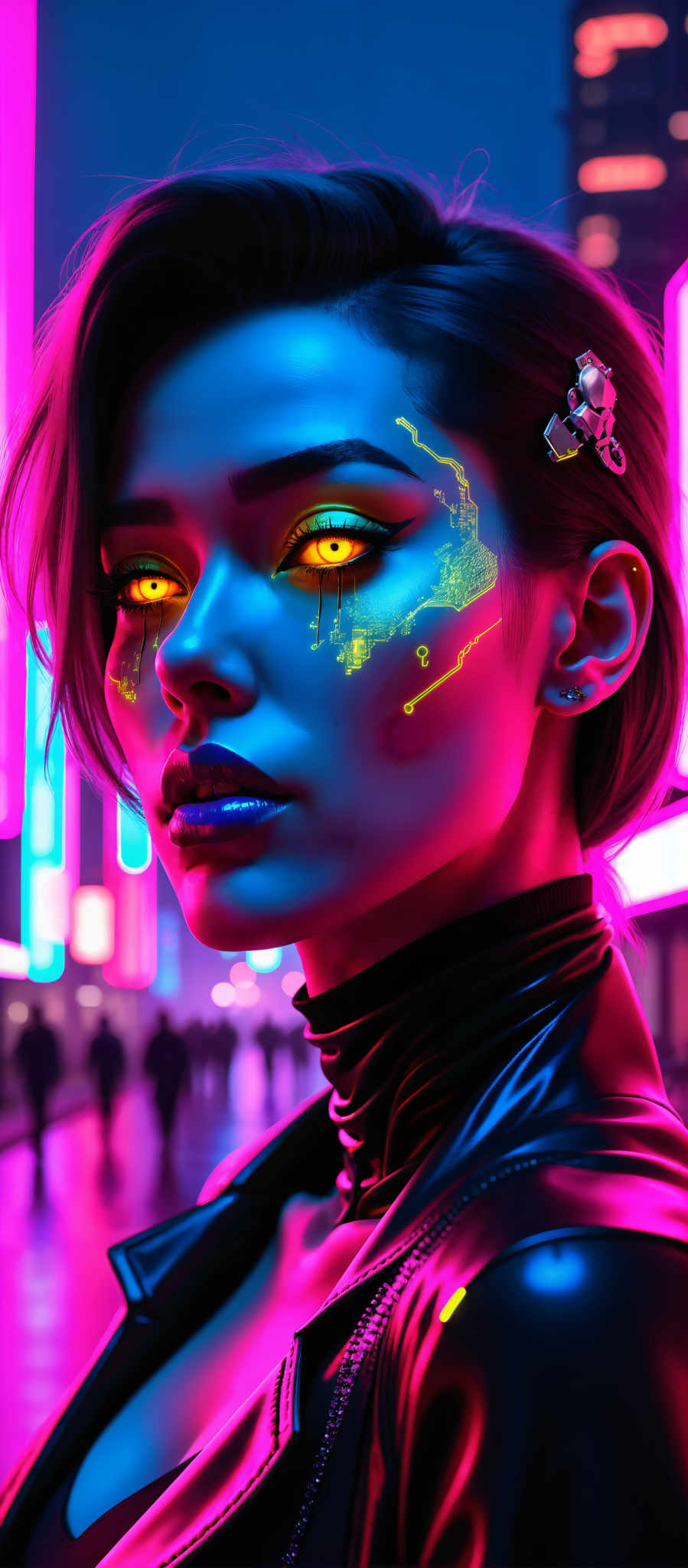 The image portrays a woman with long dark hair adorned with a hair clip. Her eyes are a striking yellow and she is wearing a black top. Her face is painted with a blue and purple design featuring a circuit board motif. The background is a vibrant mix of pink and purple lights creating a futuristic atmosphere. The woman appears to be standing in a cityscape adding an urban touch to the scene. The overall art style is surreal blending elements of technology and nature. The subject of the image is a woman and the motif is a circuitry design. The image evokes a sense of mystery and intrigue inviting viewers to explore its meaning.