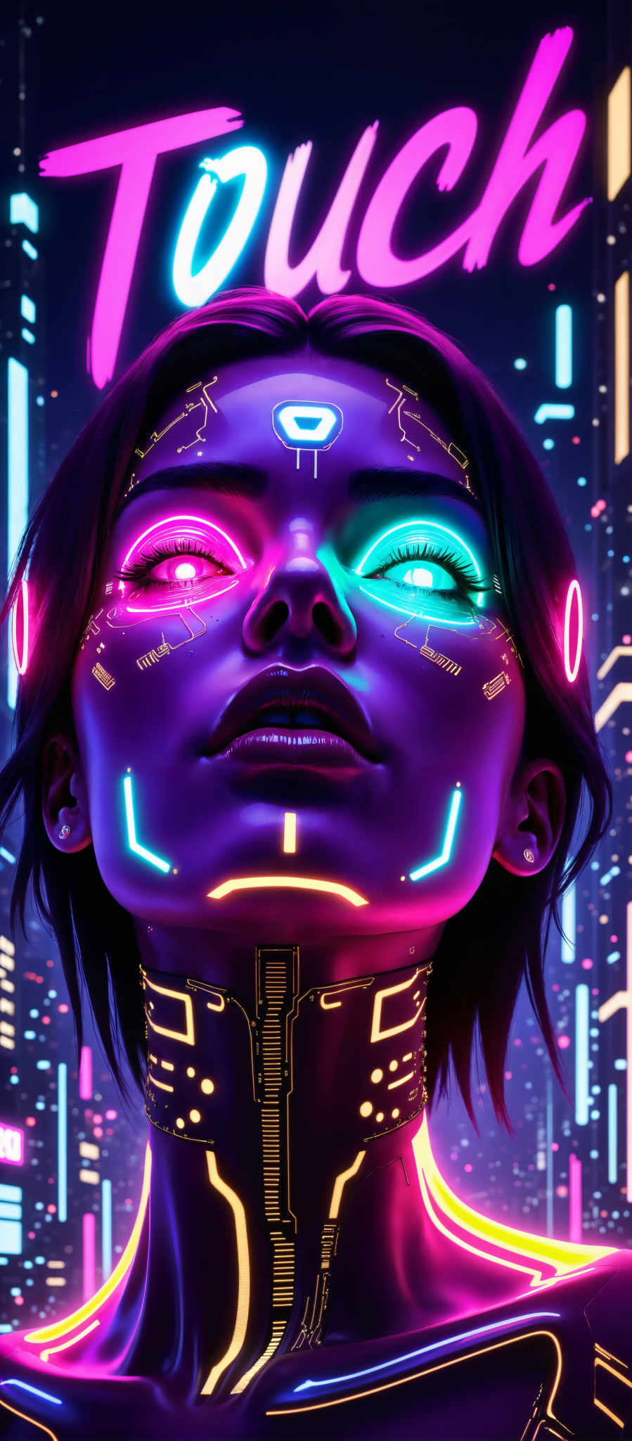 The image presents a close-up view of a person's face which is the central focus. The face is adorned with a futuristic design featuring a mix of purple and blue hues. The eyes of the face are accentuated with pink and blue lights adding a vibrant touch to the overall design. The hair of the person is black providing a stark contrast to the colorful face design. 

The background of the image is a digital representation of a cityscape composed of blue and pink lines. This backdrop adds depth to the scene and complements the futuristic theme of the design on the face. The image does not contain any discernible text or countable objects. The relative positions of the objects are such that the face is in the foreground while the cityscape forms the background. The overall composition of the photo suggests a blend of technology and urban life.