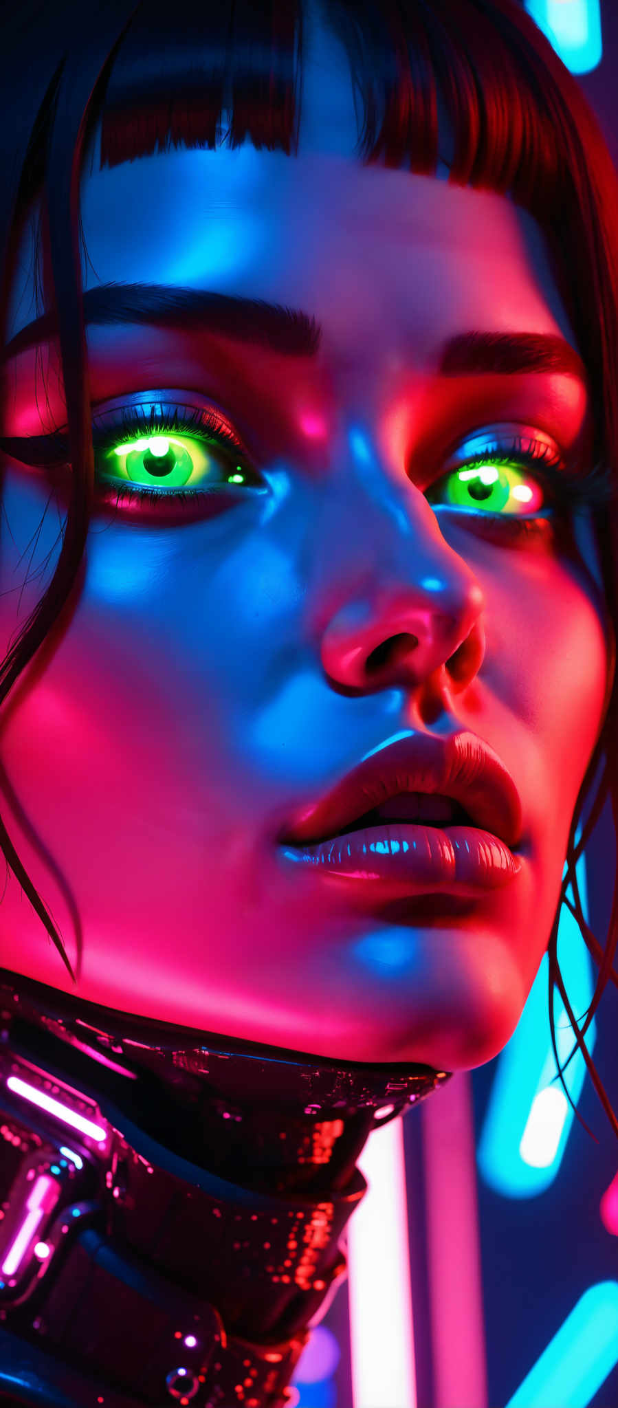 The image portrays a close-up of a person's face bathed in a vibrant mix of red blue and purple hues. The person's eyes a striking green are the focal point of the image. The face is adorned with a necklace adding an element of intrigue to the composition. The art style is reminiscent of digital painting with a focus on the subject's face and the necklace. The image evokes a sense of mystery and allure with the use of bold colors and the close-up perspective. The subject appears to be in a state of contemplation or introspection further enhancing the enigmatic mood of the piece.