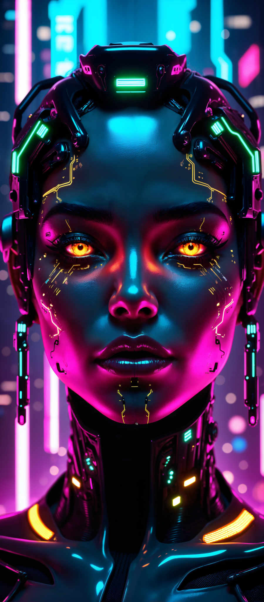 The image presents a close-up view of a futuristic human head. The head is adorned with a metallic structure giving it an advanced and high-tech appearance. The eyes of the head are glowing a vibrant yellow adding a striking contrast to the overall blue and purple color scheme of the image. The background is a dark purple with a pattern of blue and pink lights that add depth and complexity to the scene. The art style of the photo is reminiscent of digital art with its use of bright colors and futuristic elements. The subject of the artwork is a human head and the motif is the exploration of advanced technology and its impact on humanity. The image does not contain any text or other discernible objects. The relative position of the objects is such that the head is in the foreground with the background filled with the pattern of lights. The metallic structure on the head appears to be attached to the head rather than being a separate object. The glowing yellow eyes are located on the sides of the face and they are the only source of light in the image making them stand out against the darker background. The blue and red lights in the background are scattered randomly creating a sense of depth and dimension in the scene.

This image is a great example of digital artwork with it's use of vibrant colors and advanced technology. The use of blue purple and yellow colors gives the image a futuristic feel while the metallic structure and glowing eyes add to the high-tech aesthetic. The pattern of purple and blue lights in background adds depth and a sense or mystery to the artwork. The digital art style is evident in the use of colors and the advanced technology depicted in the photo. The photo is a good example of the exploration and impact of