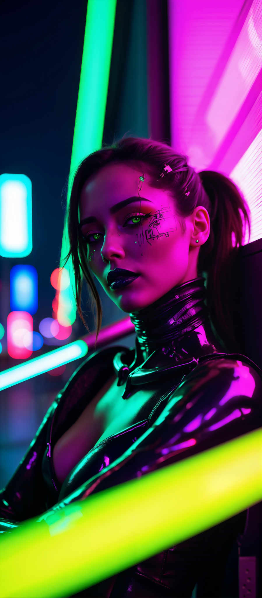 The image portrays a woman with long dark hair and striking green eyes. She is adorned in a black leather outfit complete with a collar and shoulder pads adding an element of sophistication and strength to her appearance. Her face is painted with black and white makeup featuring a bold black lip color that contrasts with her white face paint. The background is a vibrant display of neon lights in various colors creating a lively and energetic atmosphere. The art style of the image is reminiscent of a futuristic or cyberpunk setting with the woman's outfit and the neon-lit background contributing to this theme. The subject of the photo is the woman who is the central focus of the composition. The motif of the subject is one of empowerment and individuality as she stands out against the colorful backdrop.