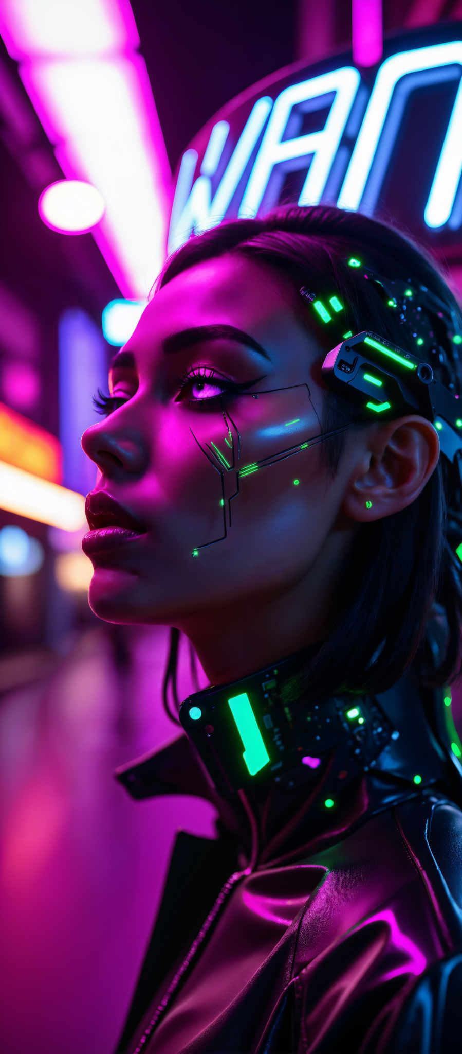 The image portrays a woman with a futuristic appearance. Her face is adorned with a metallic paint job giving her an otherworldly look. The paint job is a mix of purple and green colors with a circuit board design on her forehead. She is wearing a black top which contrasts with the vibrant colors of her face paint. The background is a blur of neon lights adding to the futuristic ambiance. The woman's gaze is directed to the side and her expression is serious suggesting a sense of determination or focus. The overall art style of the image is futuristic with elements of cyberpunk and neon. The subject of the photo is the woman and the motif is the futuristic theme. The image does not contain any text.