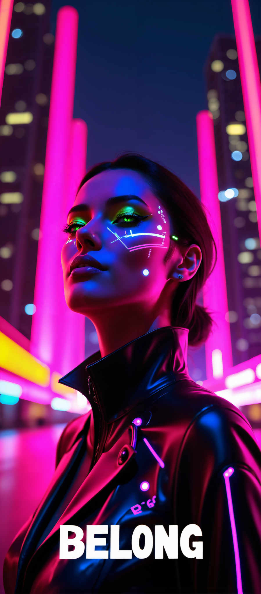 The image captures a woman in a futuristic setting. She is adorned in a black leather jacket her face painted with a striking blue and white design. Her gaze is directed to the left her expression serious as if lost in thought. The backdrop is a cityscape illuminated by neon lights in hues of pink and purple adding a vibrant contrast to the scene. The art style is reminiscent of digital art with a focus on the woman's face and the cityscape. The subject of the image is the woman and the motif is the futuristic cityscape with its neon lights. The image evokes a sense of mystery and intrigue with the woman appearing as a central figure in this futuristic world.