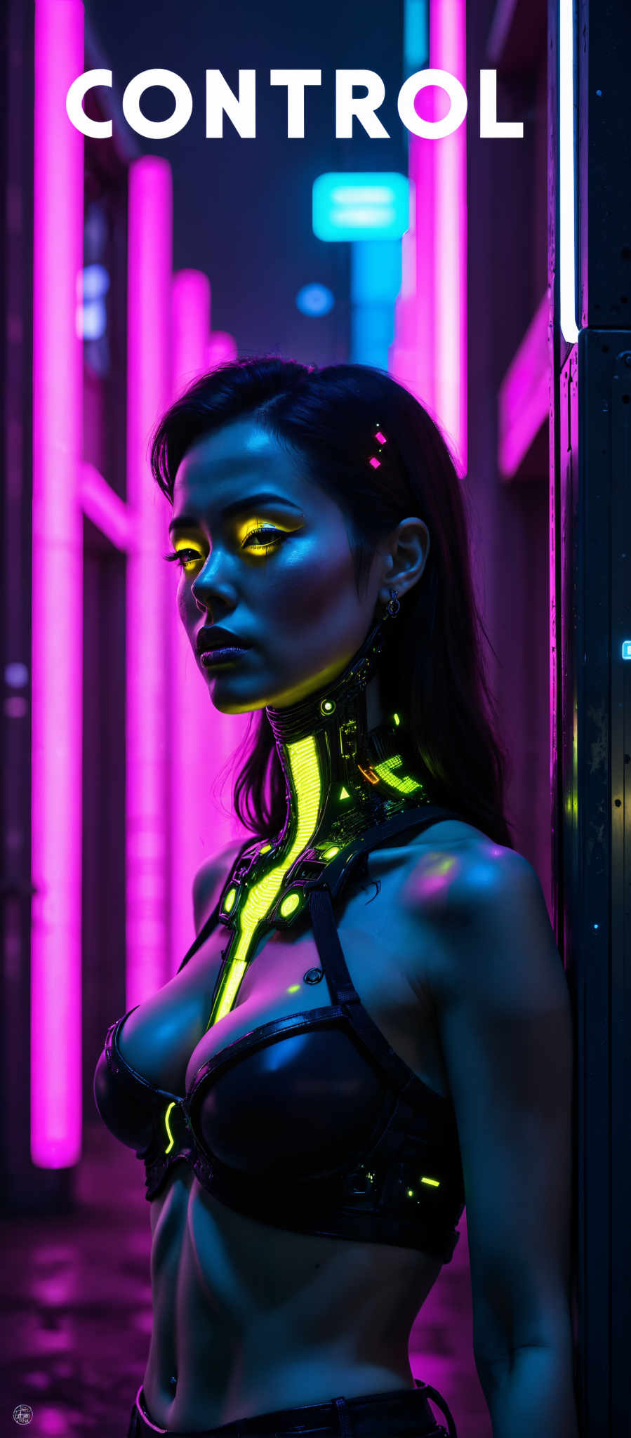 The image portrays a woman with long black hair adorned with a futuristic design on her neck. Her eyes are illuminated with a striking yellow glow adding an otherworldly aura to her appearance. She is dressed in a black outfit which contrasts with the vibrant pink and purple background. The art style of the image is reminiscent of digital art with a focus on the subject's face and upper body. The subject of the artwork is a woman and the motif revolves around her unique appearance and the futuristic design. The image evokes a sense of mystery and intrigue inviting viewers to explore the story behind it.