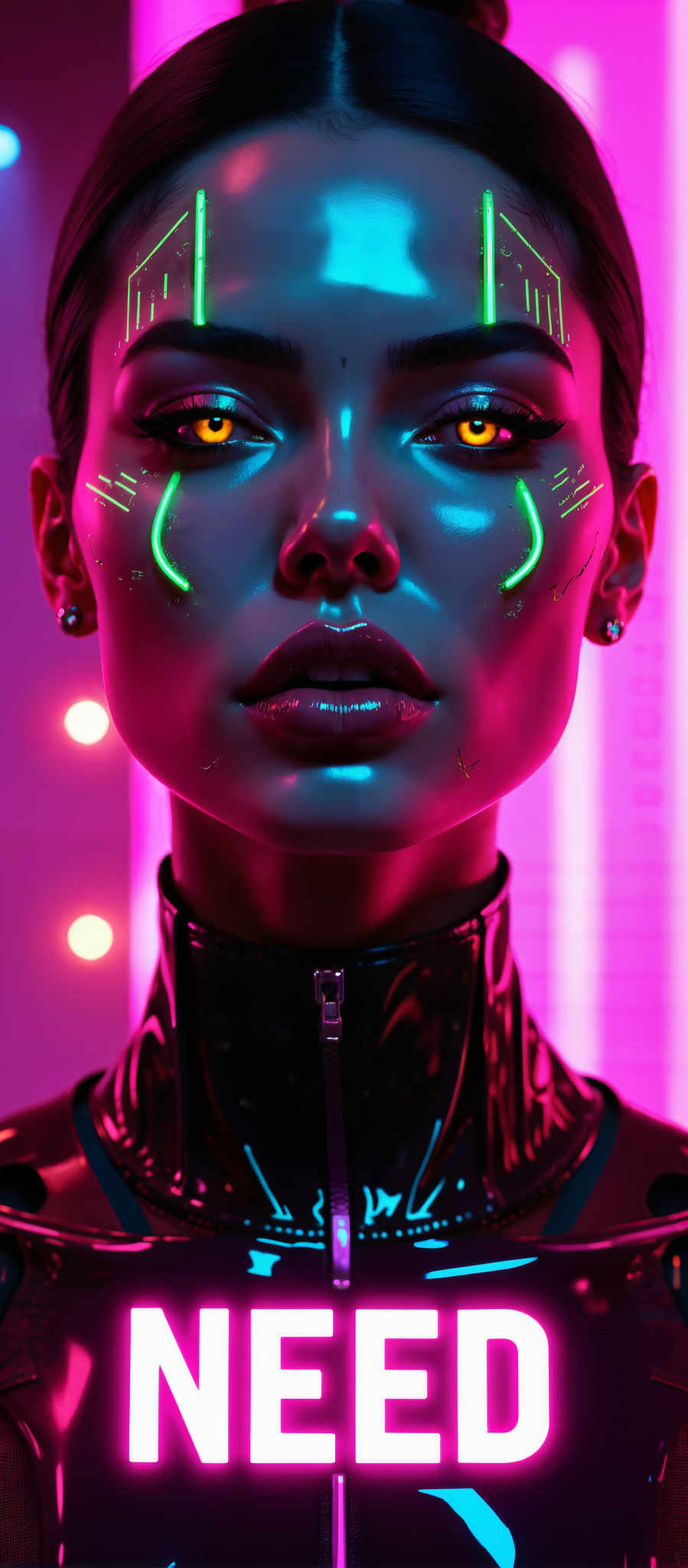 The image presents a striking digital art piece of a woman's face. The woman's skin is a vibrant blue contrasting with her black hair. Her eyes are a bright yellow and she has a red nose. She is wearing a black outfit which is adorned with a zipper running down the front. The background is a gradient of pink and purple with a pattern of red dots scattered throughout. The art style is reminiscent of digital painting or illustration. The subject of the image is a woman and the motif is a blend of colors and patterns. The image evokes a sense of mystery and intrigue.