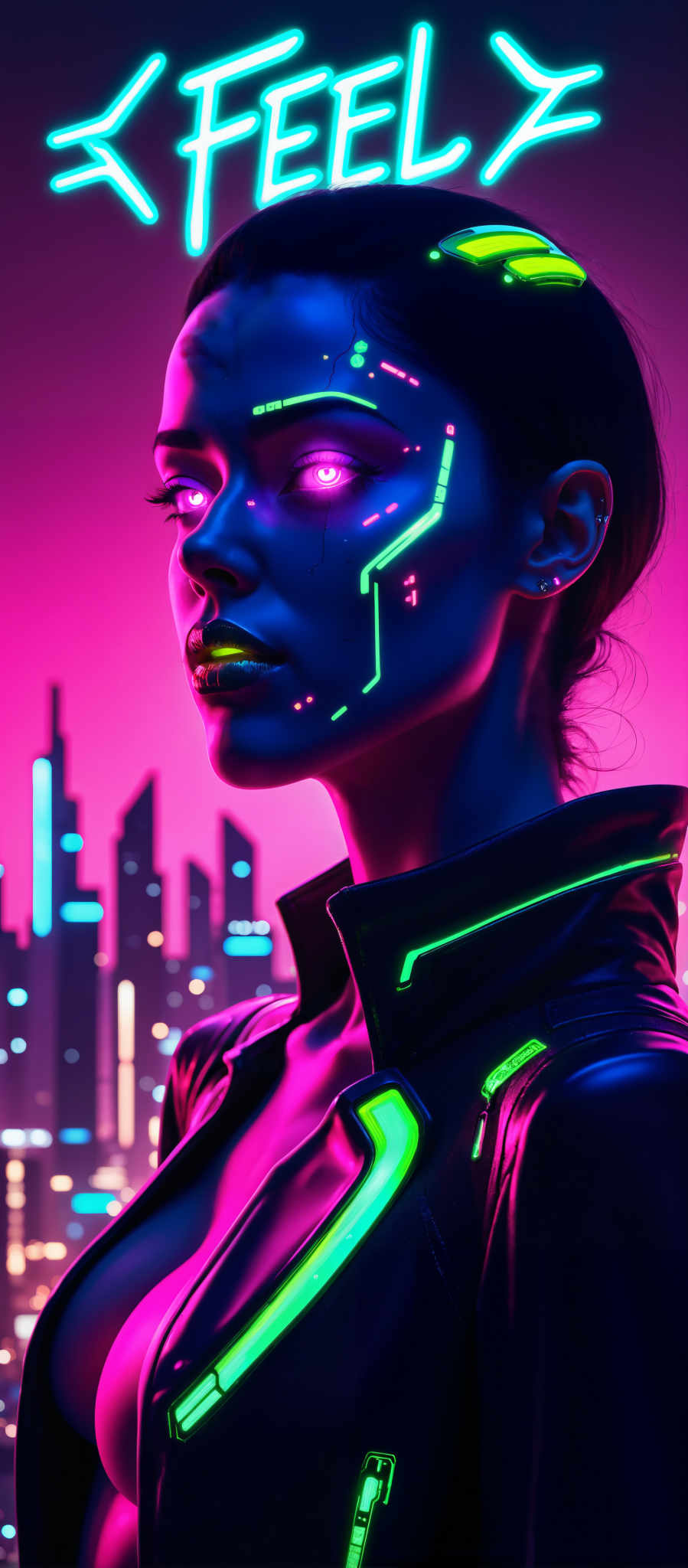 The image portrays a woman with a futuristic appearance. Her face is adorned with a blue and green circuitry-like design giving her an otherworldly look. She is wearing a black jacket with green accents adding to her high-tech aesthetic. The background is a vibrant pink with a city skyline visible in the distance suggesting an urban setting. The woman's gaze is directed to the left and her expression is serious indicating a focused or determined demeanor. The overall art style is reminiscent of digital art with its emphasis on futuristic and high-tech elements. The subject of the image is a woman and the motif is futuristic technology.