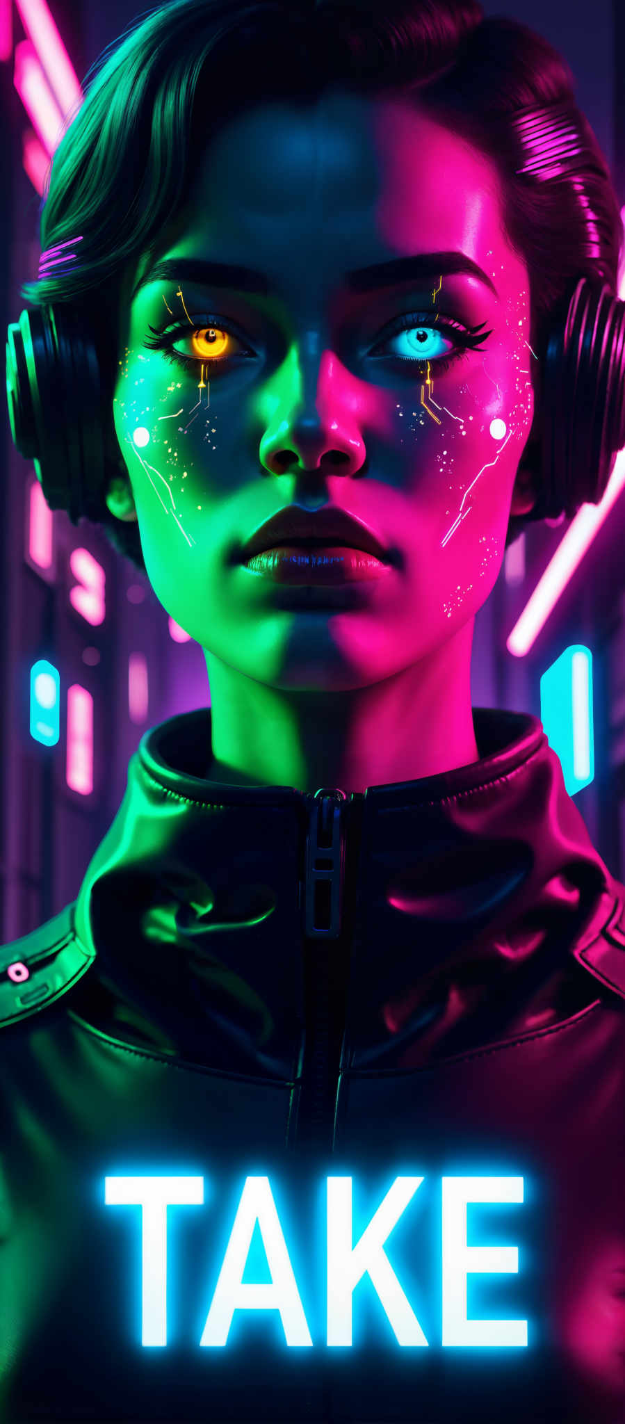 The image portrays a person wearing a black jacket their face adorned with a vibrant colorful design. The design is a mix of pink blue and green hues creating a striking contrast against the person's skin. The person's eyes are hidden behind a pair of headphones adding an element of mystery to the scene. The background is a dark futuristic setting illuminated by neon lights that cast a soft glow on the person. The overall mood of the image is one of intrigue and modernity.